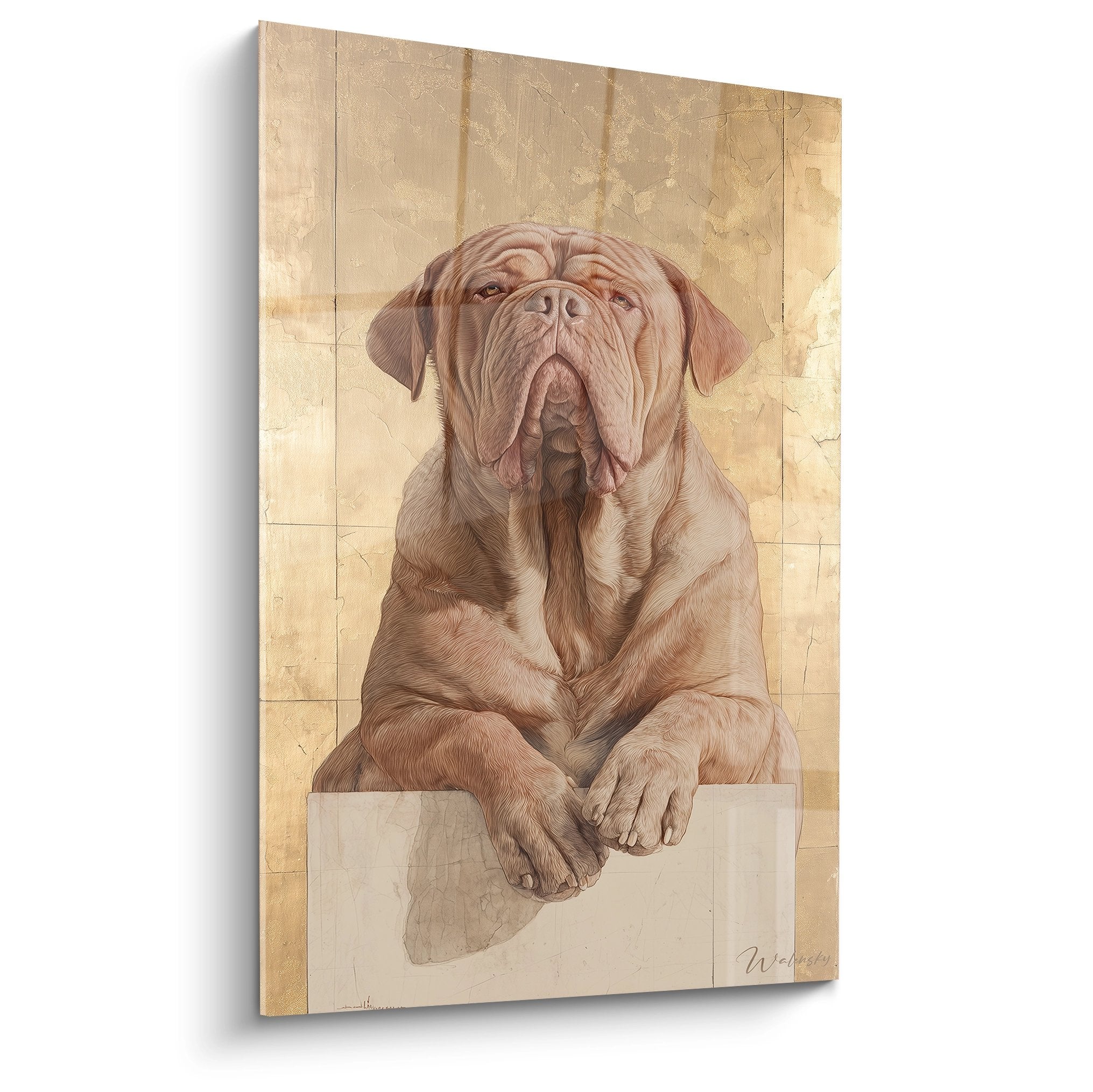 Portrait de Dogue de Bordeaux aux tons dorés en position couchée sur fond parcheminé style artistique