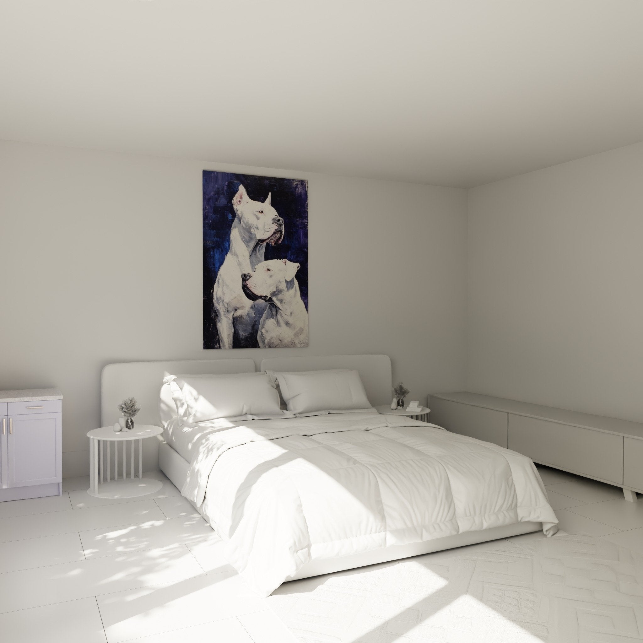Duo dogues argentins blancs decoration murale chambre ambiance sereine fond bleu marine expressif peinture realiste