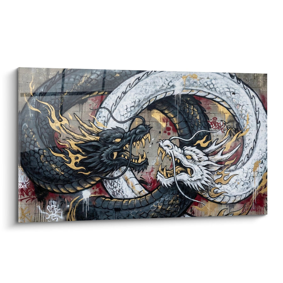 Tableau Dragons Noirs et Blancs Entrelacés sur Mur Urbain - Dualité Éternelle - Edition Yin Yang