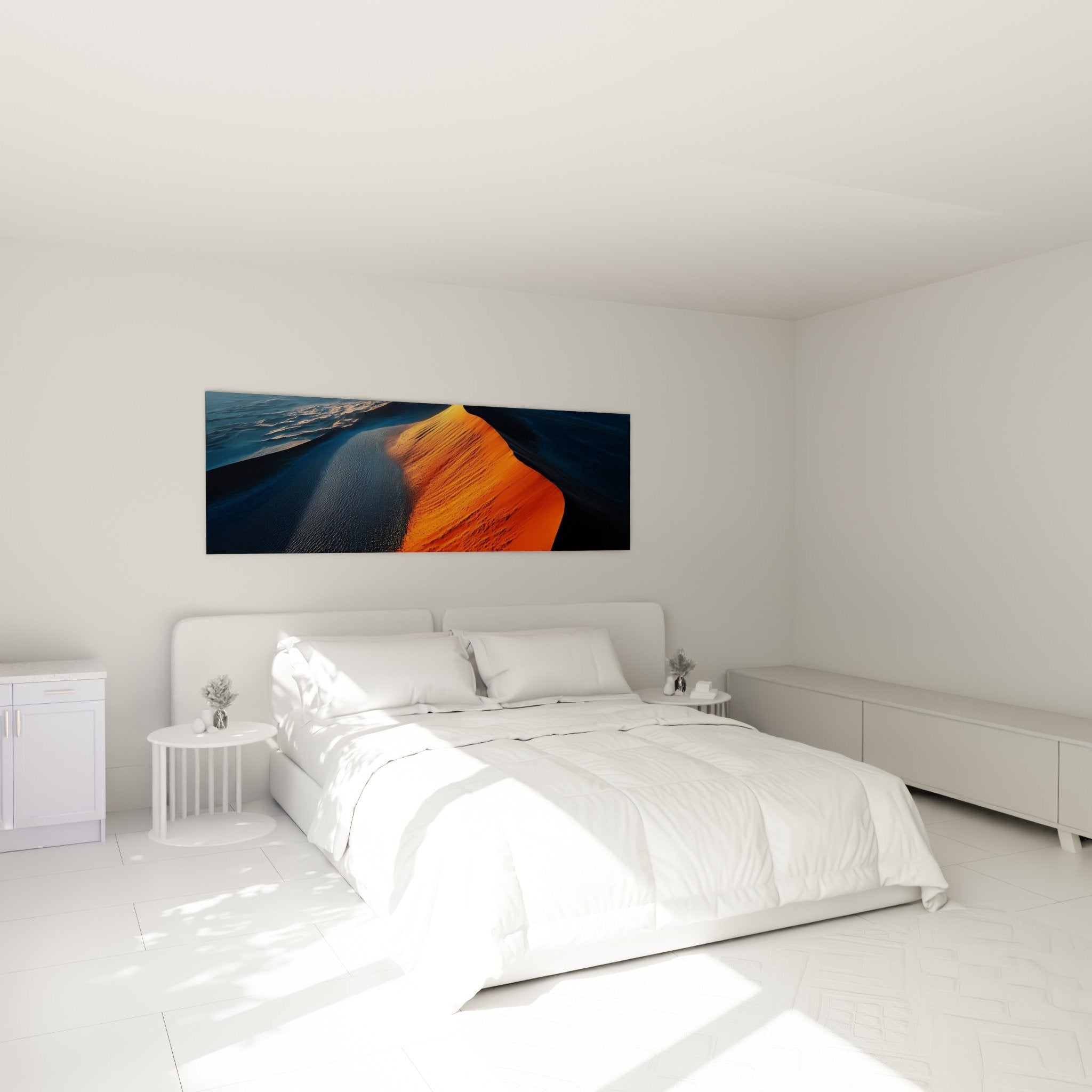 Dune orange illuminée dans chambre moderne, tableau feng shui nord-est terre ambiance chaleureuse