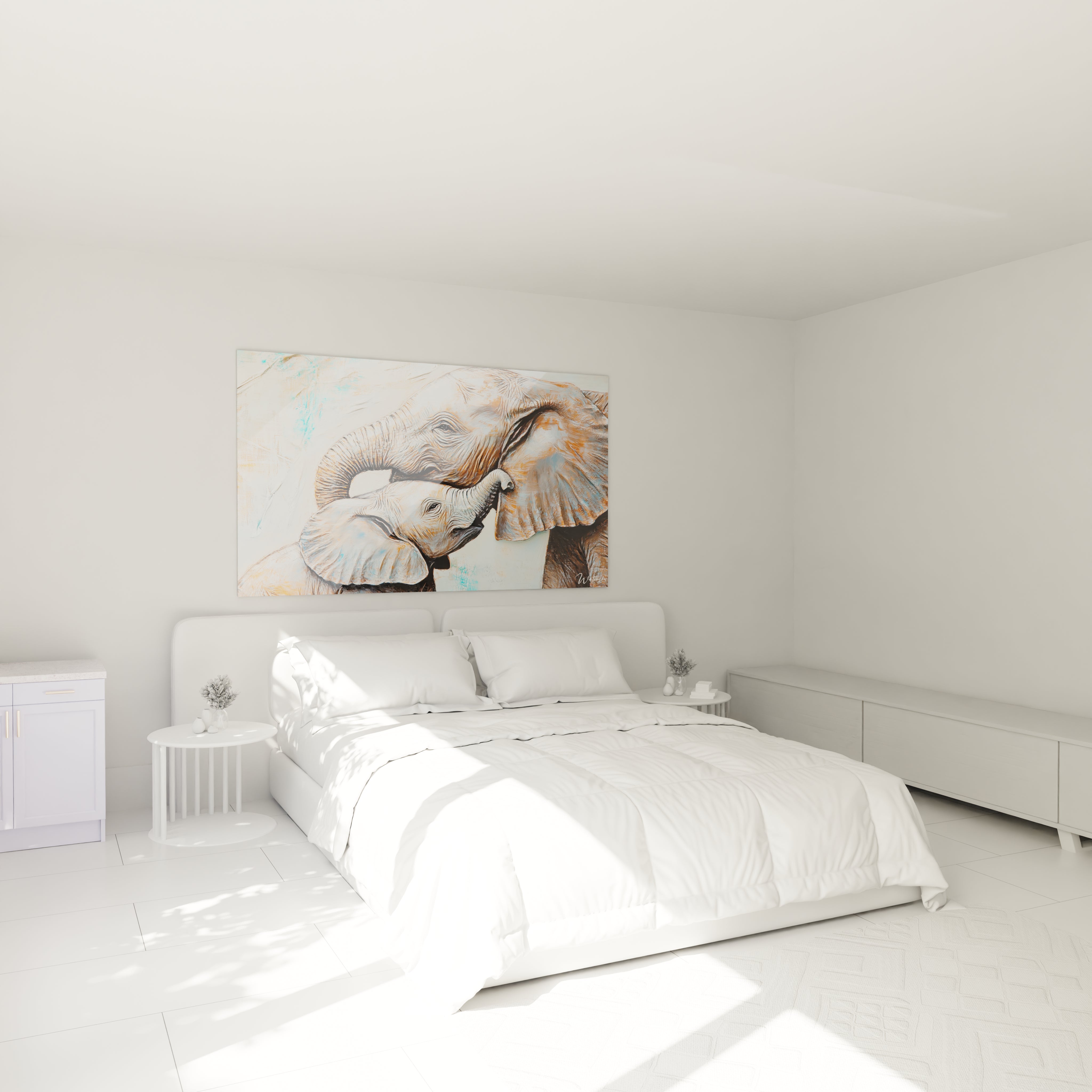 Tableau éléphant Walensky dans une chambre élégante avec lit blanc et décoration minimale
