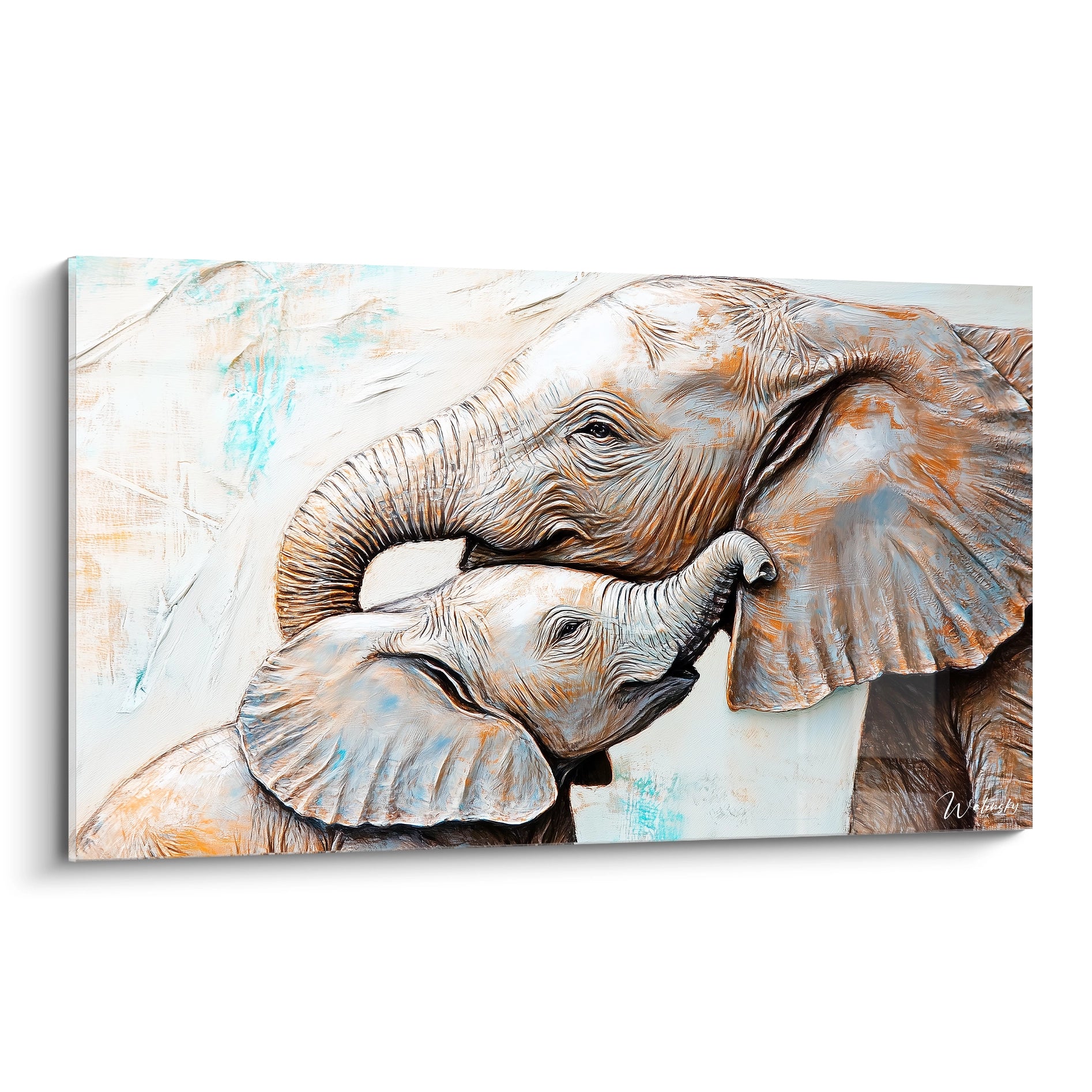 Tableau éléphant en couleur représentant un éléphant adulte et un éléphanteau en scène tendre
