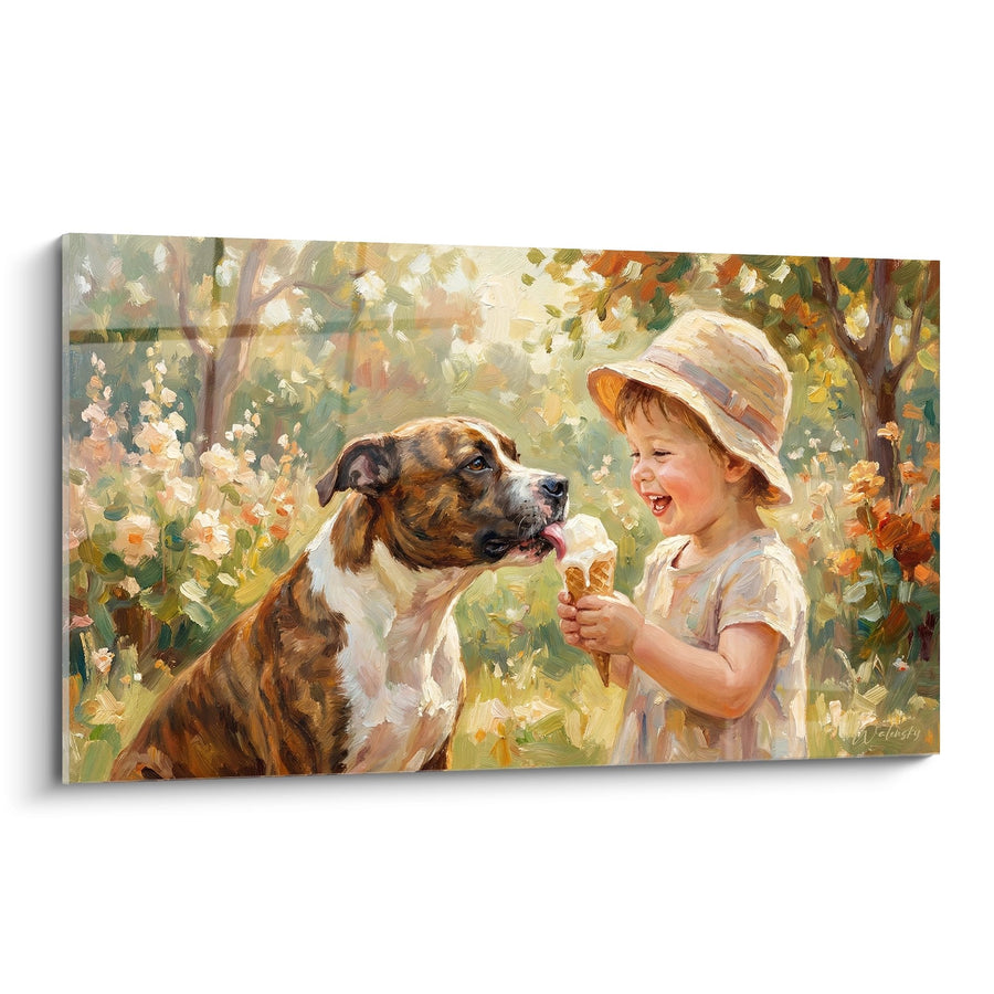 Tableau Enfant et Chien dans un Jardin Fleuri - Complicité Printanière - Edition Staffordshire Bulle Terrier