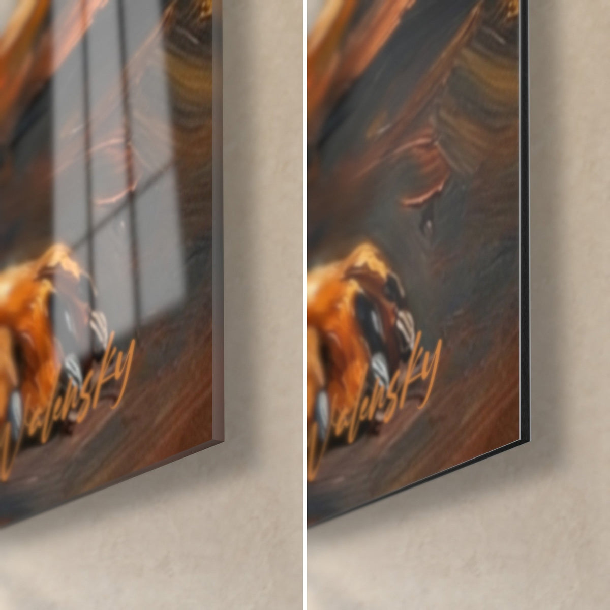 Gemälde schwarzer Molosser mit kupferfarbenen Reflexen, untere rechte Ecke: glänzendes Acrylglas und mattes Dibond, 3 mm Kante, orangefarbene Signatur