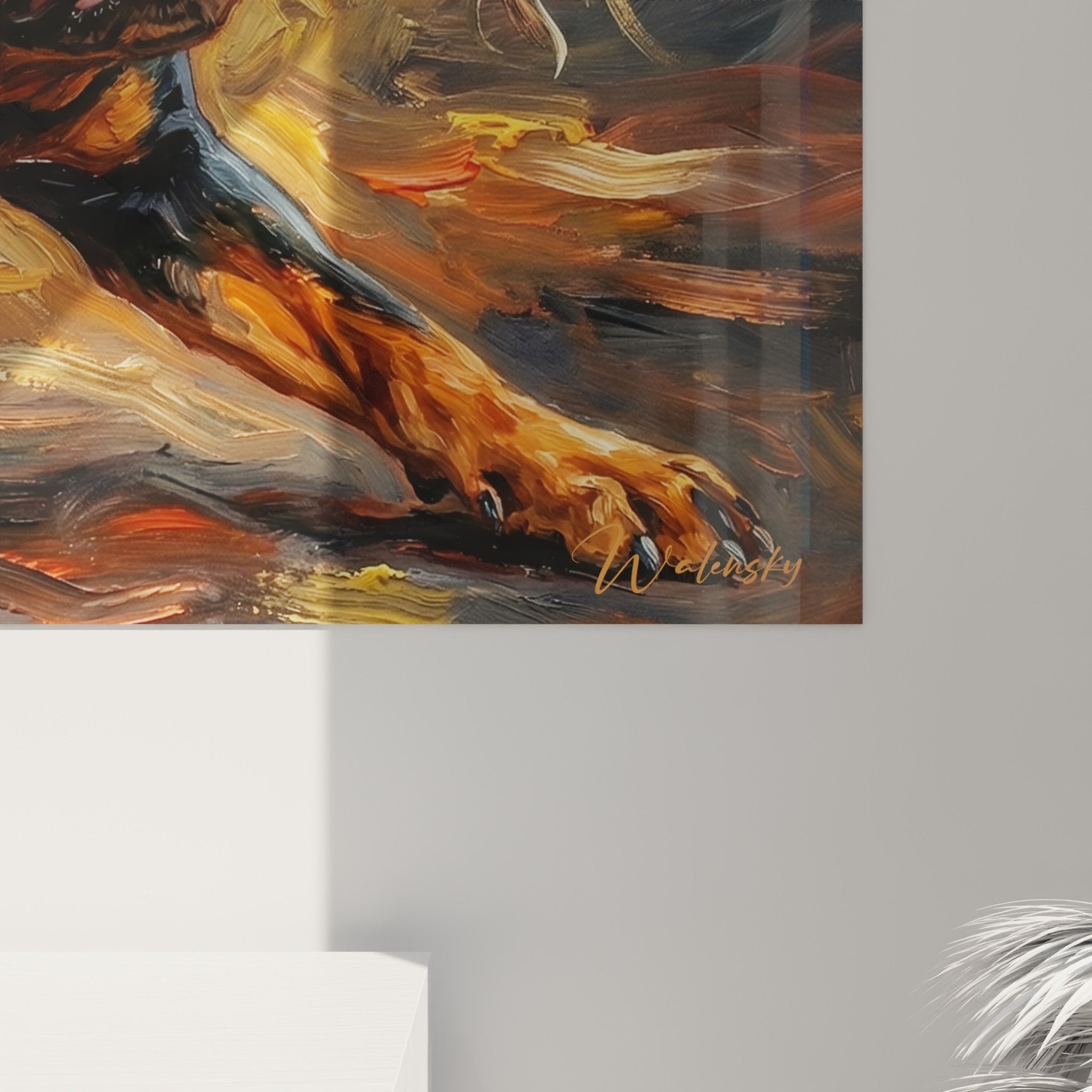 Vue ensemble tableau art canin Rottweiler moment jeu complicité palette couleurs automnales