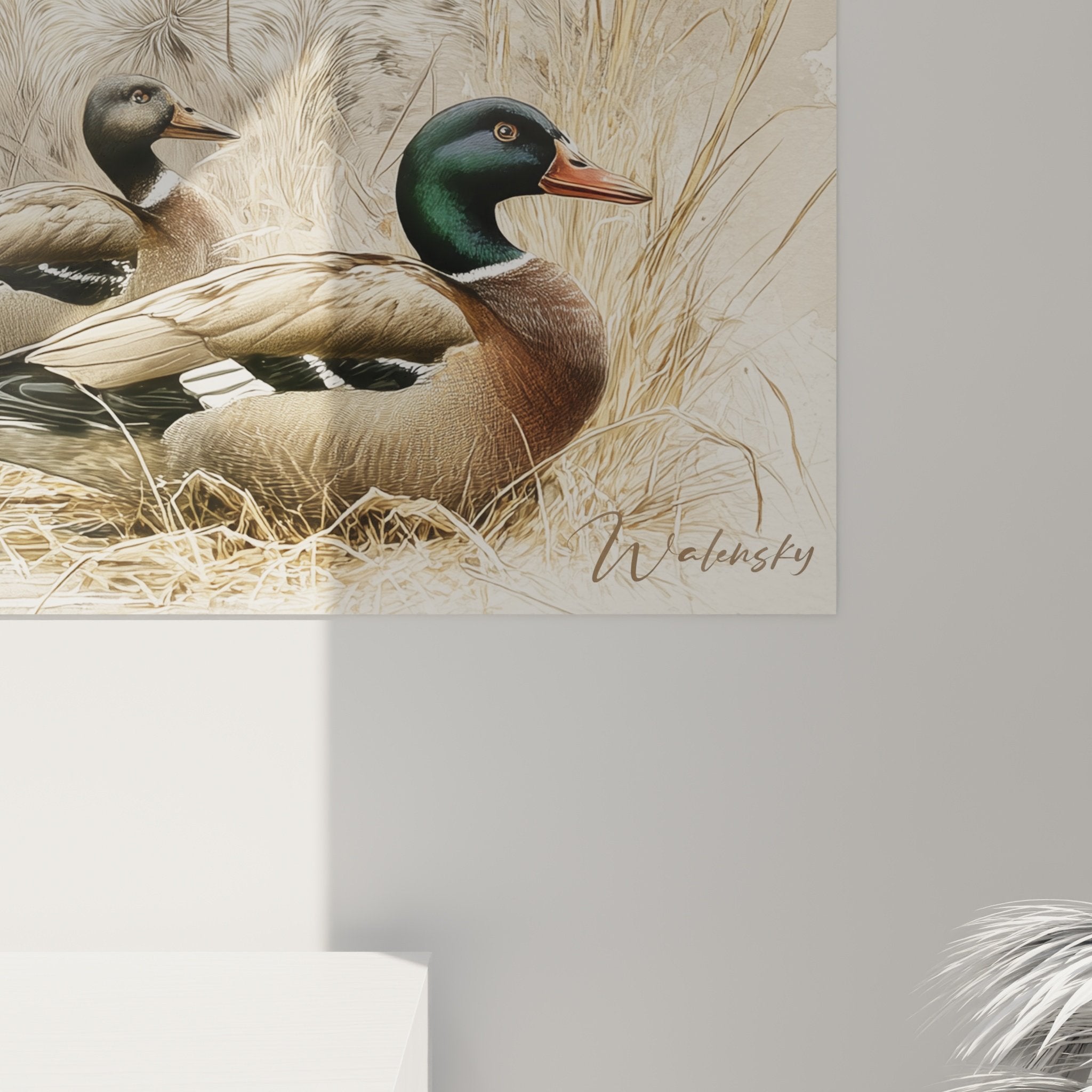 Vista d'insieme quadro cane caccia Bracco Tedesco anatre graminacee decorazione murale naturale