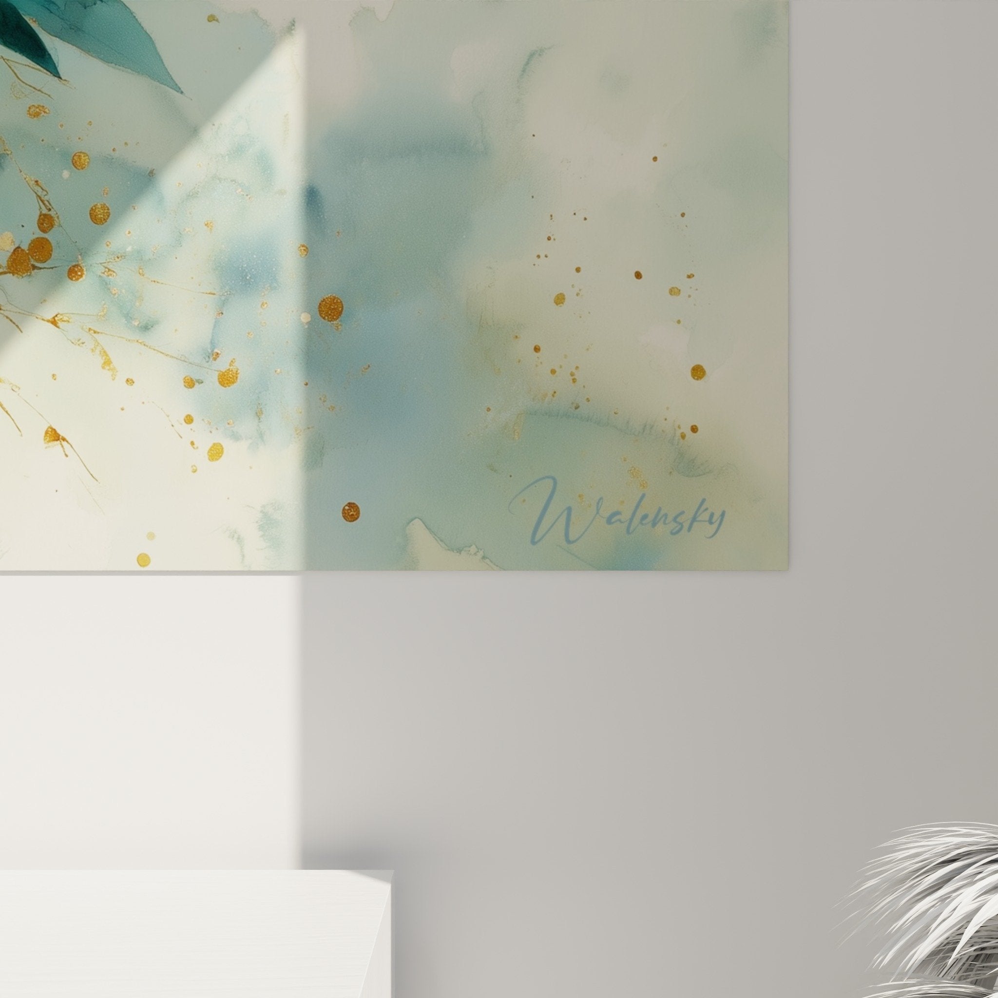 Eucalyptus turquoise gold watercolor style painting branches natural decoration zen view