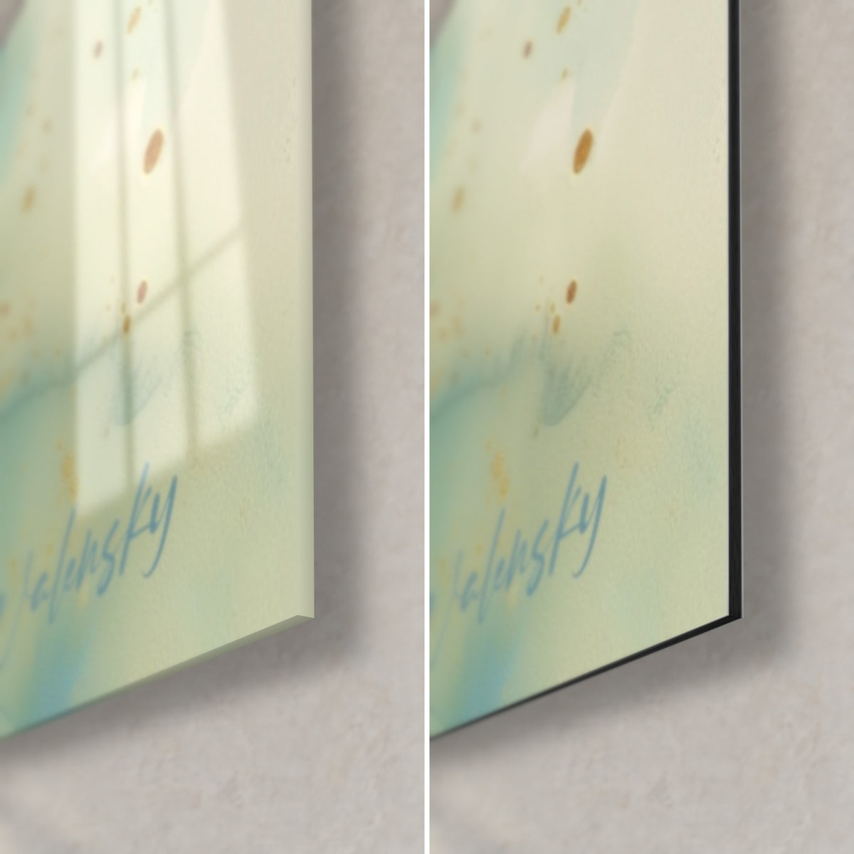 Gemälde Aquarellblattwerk in Türkis und Creme, untere rechte Ecke, glänzendes Acrylglas links, matt schwarzes Alu-Dibond rechts