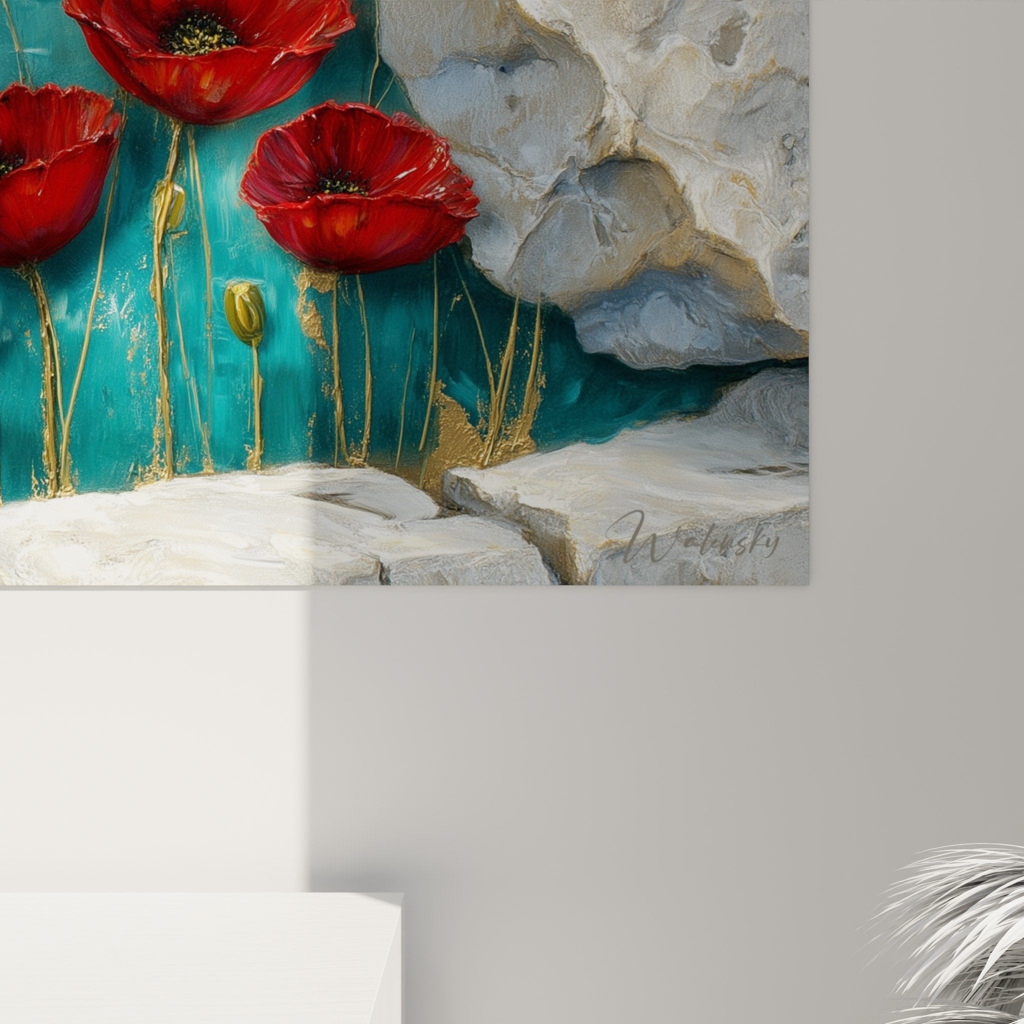Vue ensemble tableau fleurs rouges fond turquoise roches blanches relief composition florale