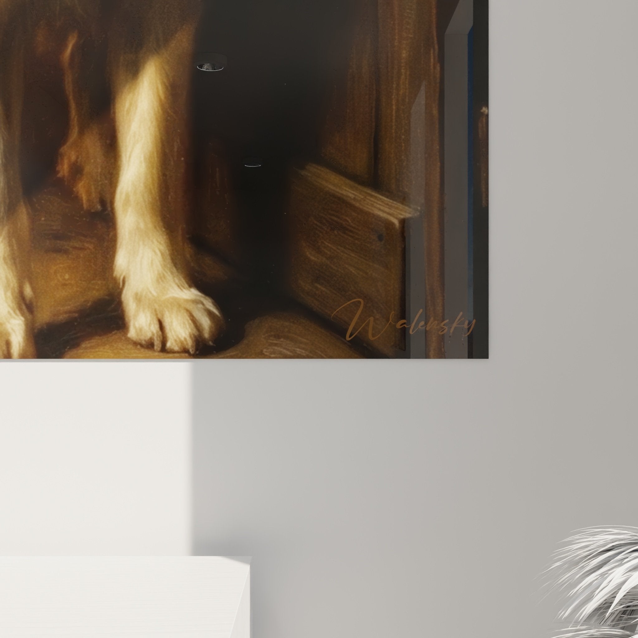 Vue ensemble tableau Golden Retriever décoration intérieur style campagne chic