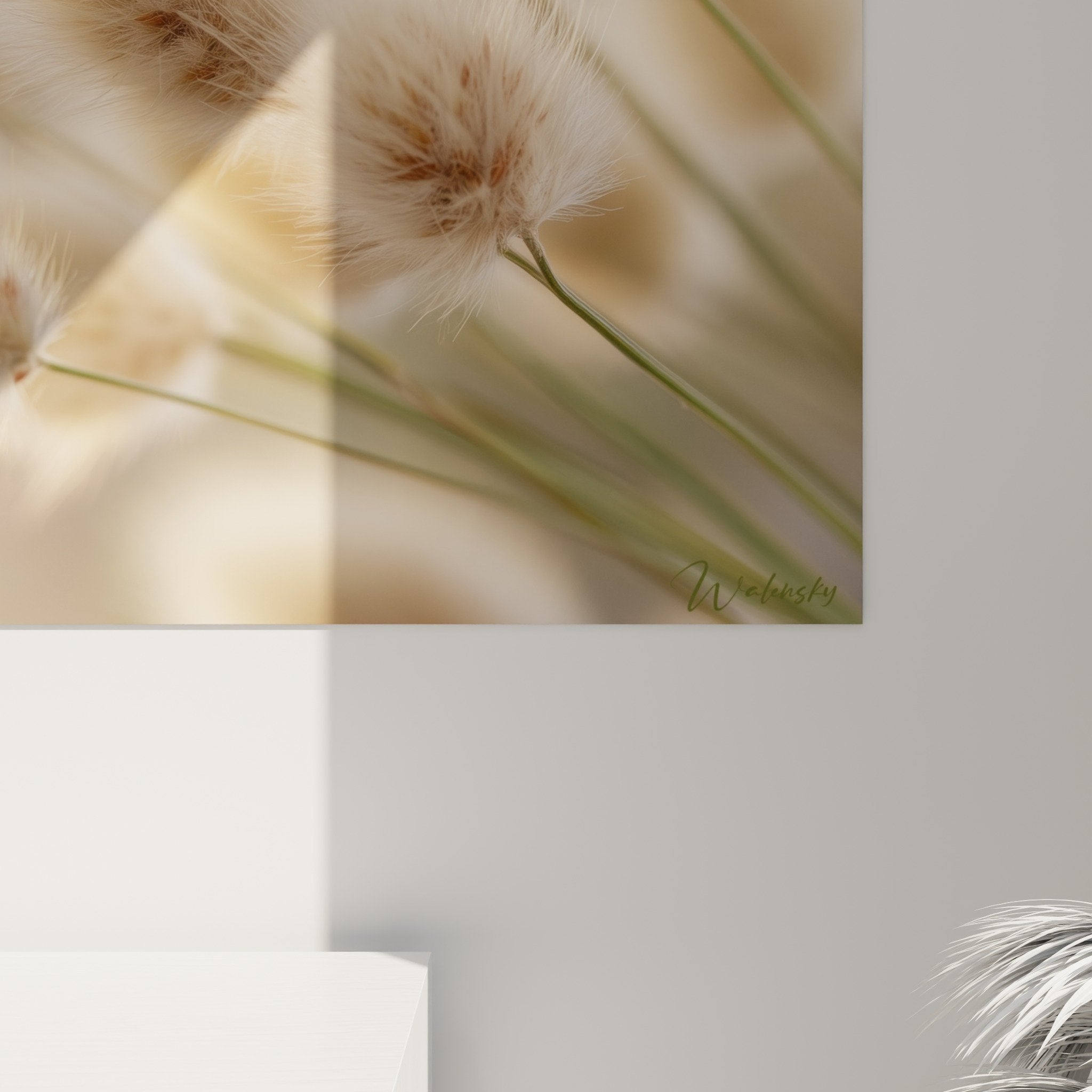 Vue ensemble tableau graminées dorées salon naturel mobilier bois clair