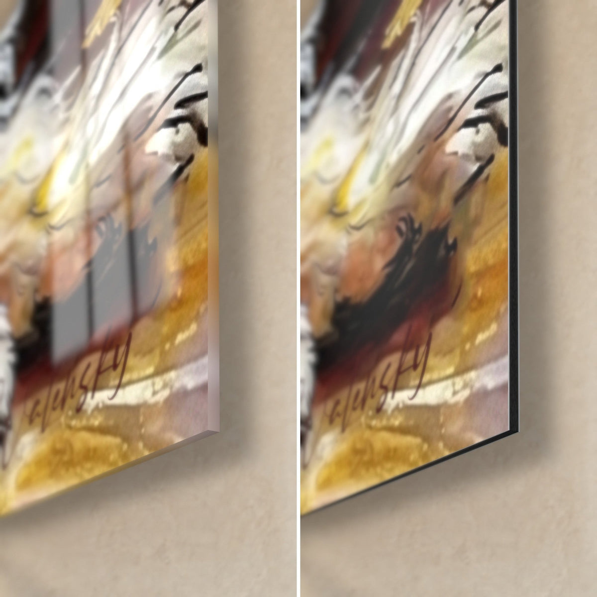 Tableau Lhassa Apso aux poils ivoire et ocre, coin bas droit : verre acrylique brillant à gauche, alu Dibond mat à droite, tranche de 3 mm
