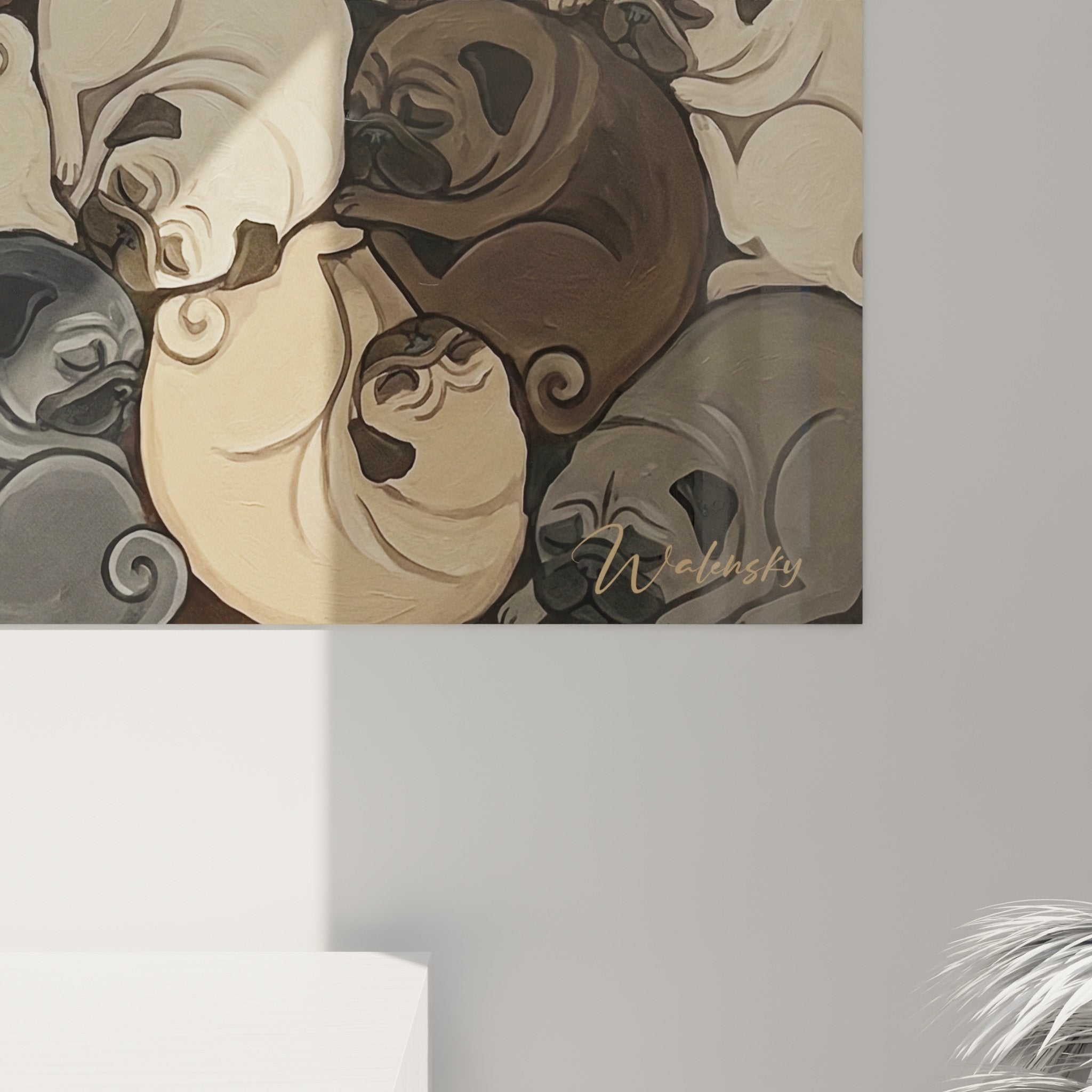 vue ensemble tableau mosaique carlins multicolores composition artistique contemporaine decoration canine
