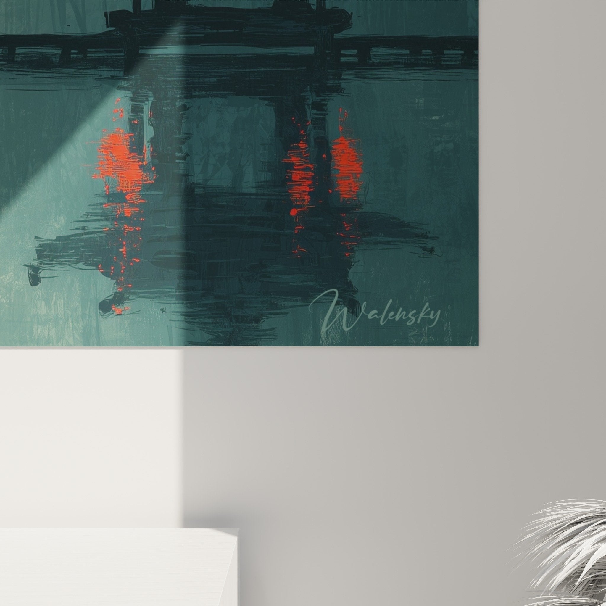 Pagoda lake foggy landscape artwork, zen composition with green and red tones for serene interior