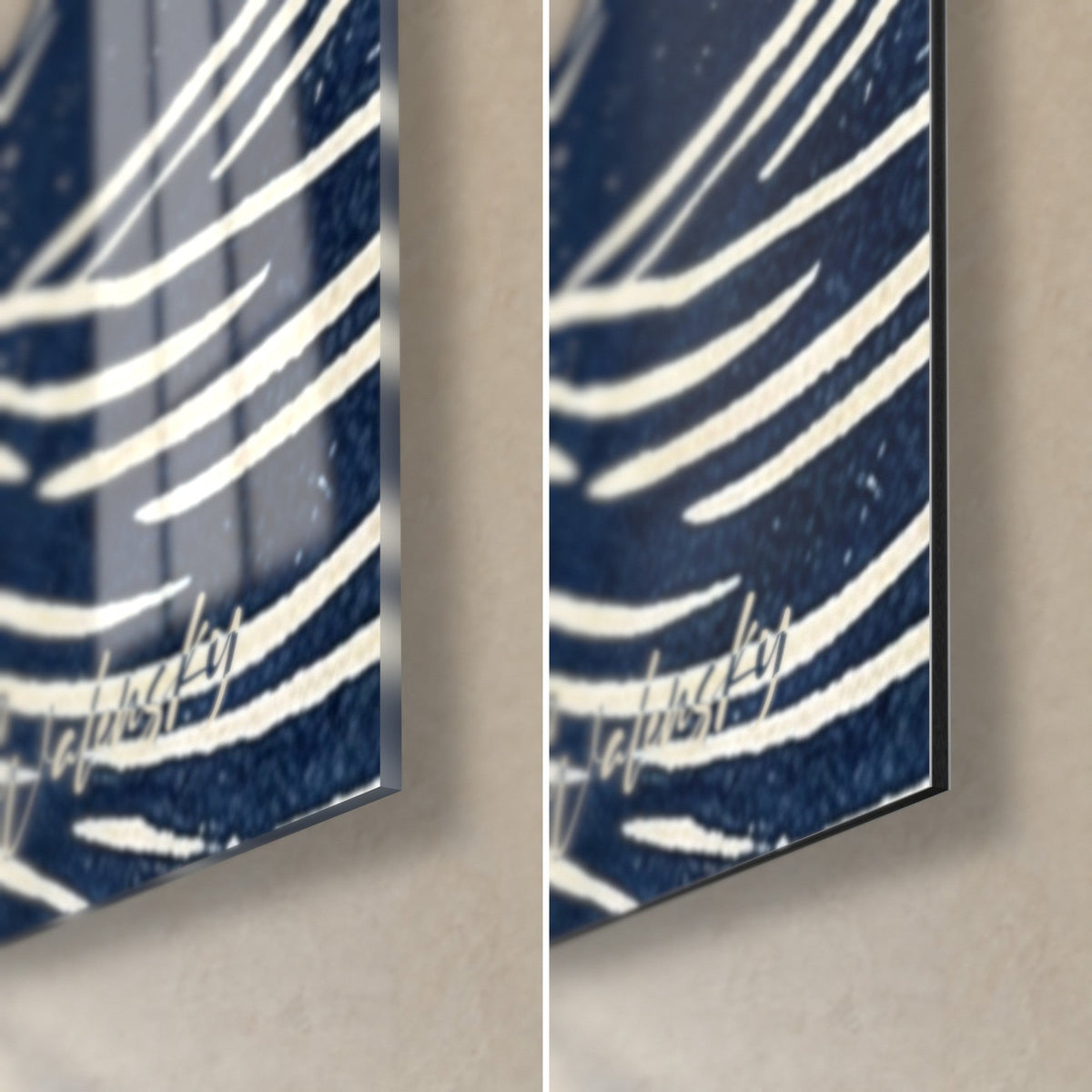 Wall art racing dog in linocut, bottom right: cream foam spirals on midnight blue, glossy glass and matte Dibond side by side