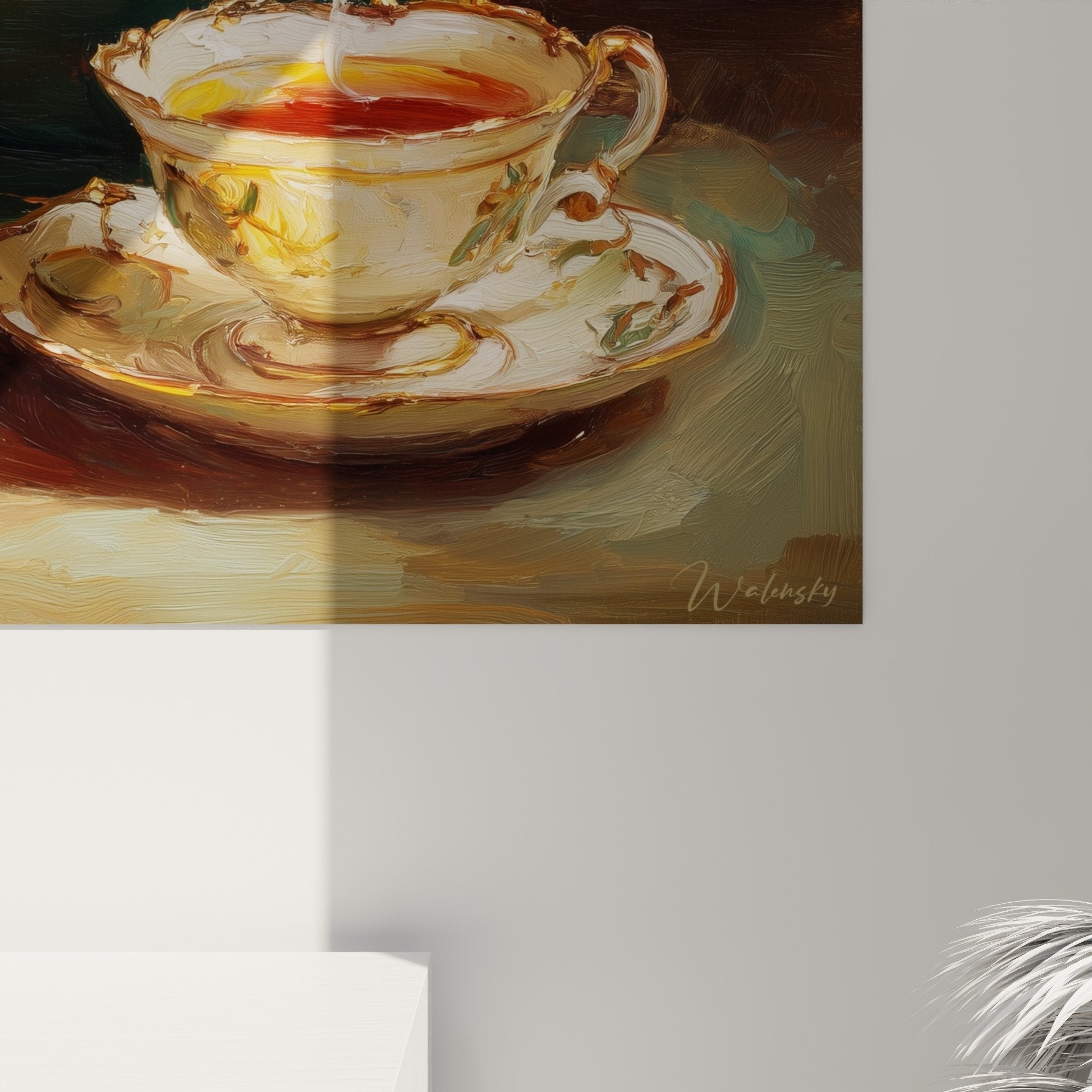 Overview of green Japanese tea service artwork with steam in elegant decorative interior