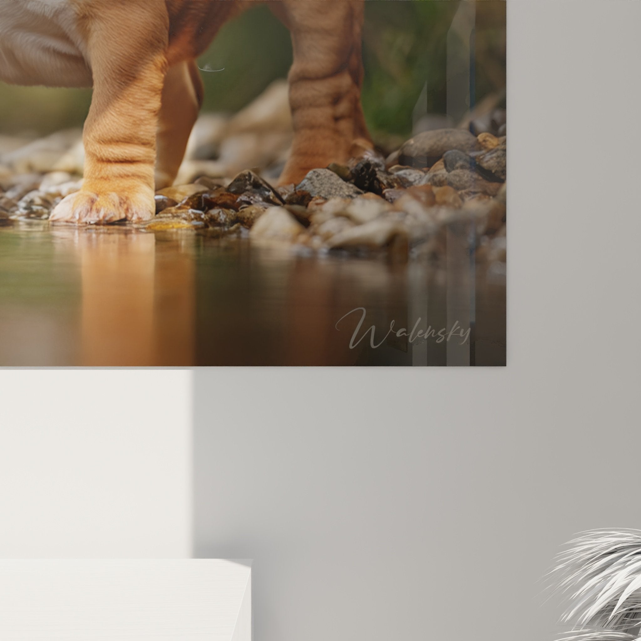 Vue ensemble tableau bouledogue chiot au bord eau dans salon decoration style naturel chaleureux