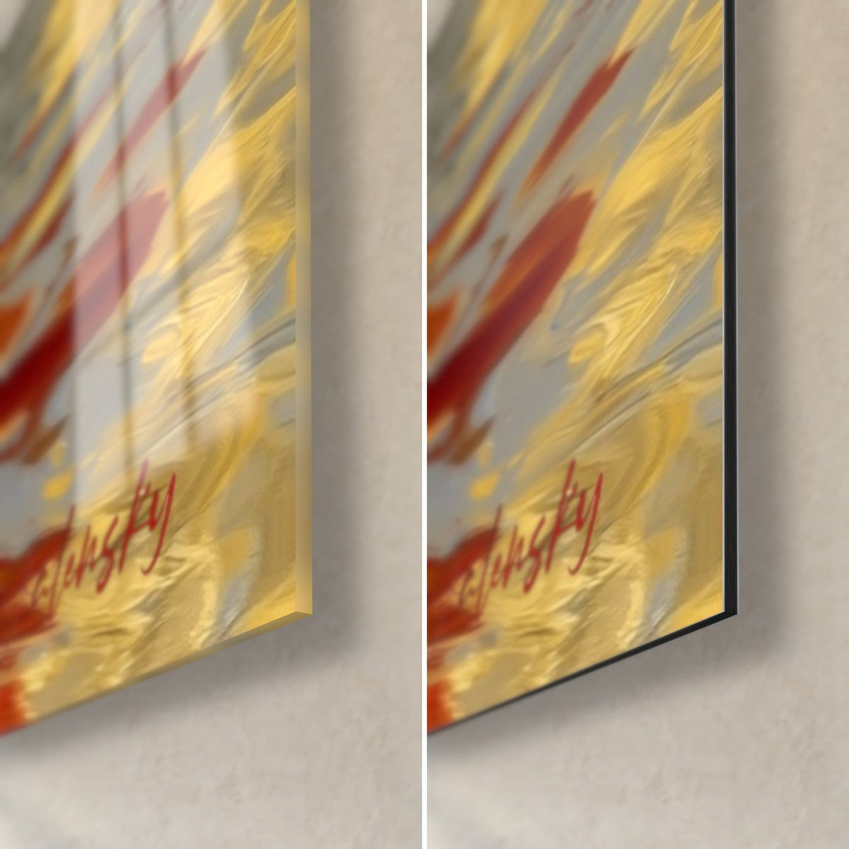 Schilderij veld met rode en gouden klaprozen, rechtsonder, weerspiegelingen op glanzend glas links, mat zwart Dibond rechts