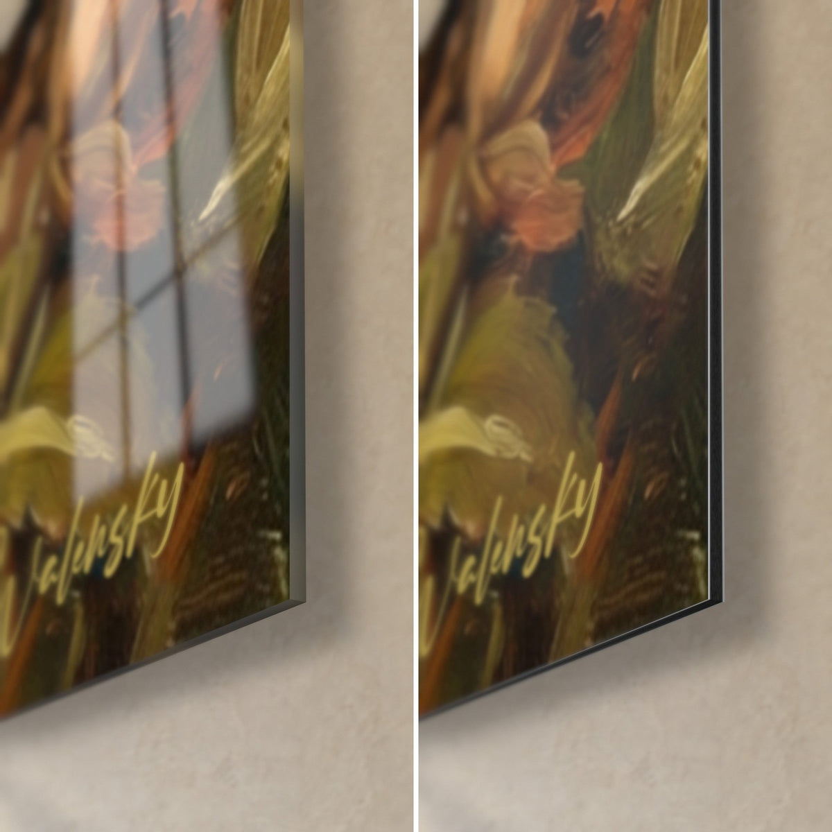 Cuadro retrato de corgi, esquina inferior derecha: cristal acrílico brillante a la izquierda, aluminio Dibond mate a la derecha, firma dorada sobre fondo verde oscuro