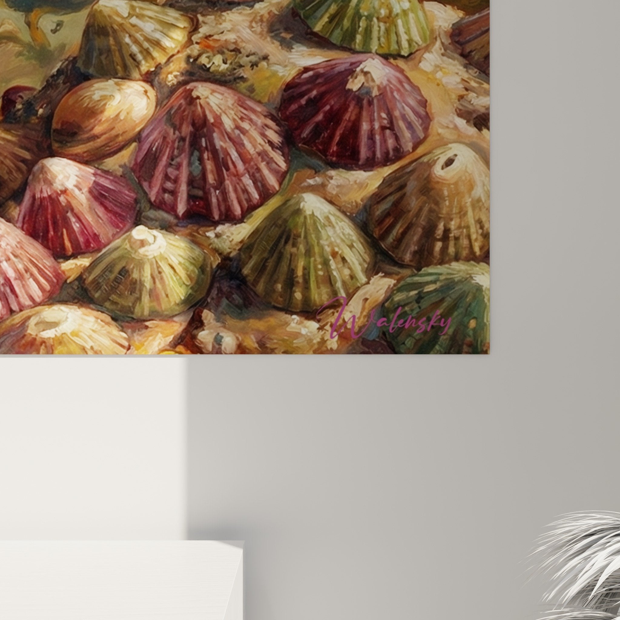 Vue ensemble tableau étoile de mer et anémone rouge - composition fonds marins colorés pour décoration murale