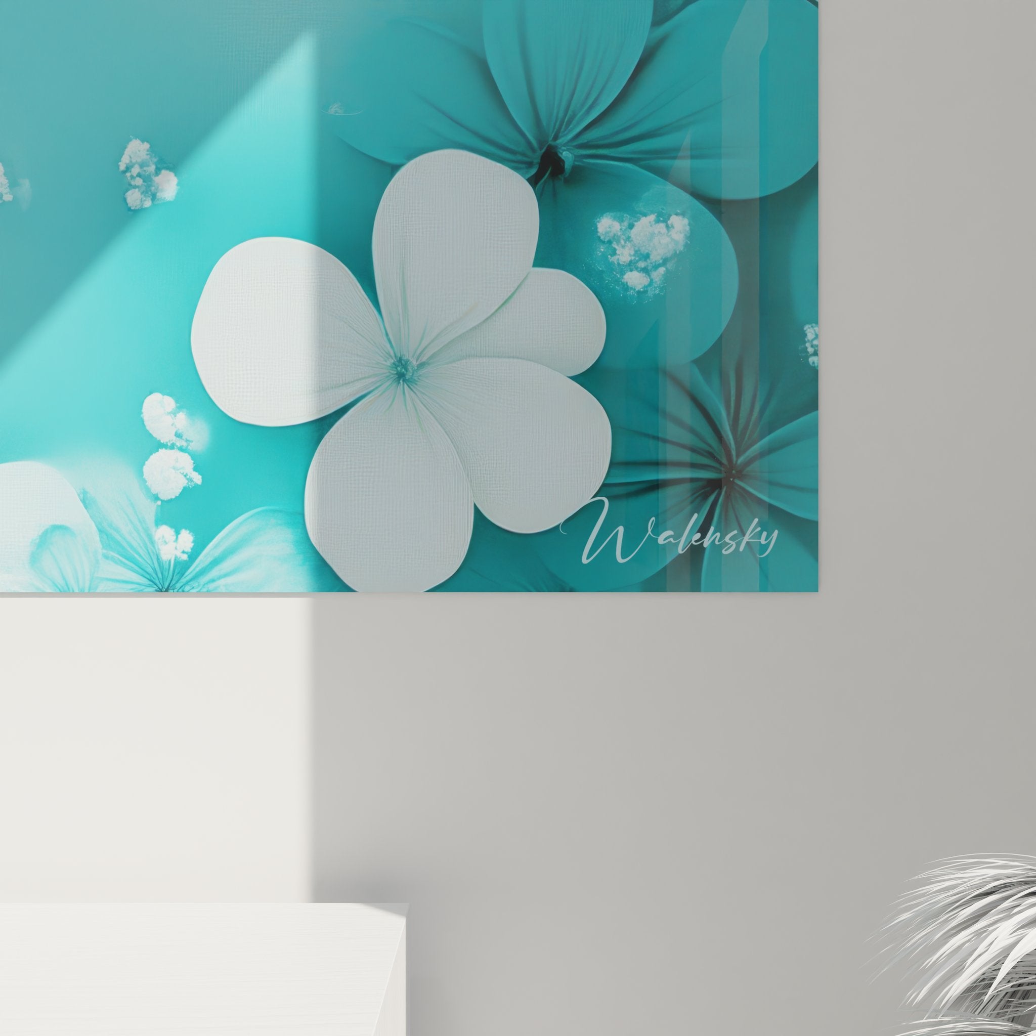 Vue ensemble tableau décoratif fleurs turquoise composition florale complète tons aquatiques zen
