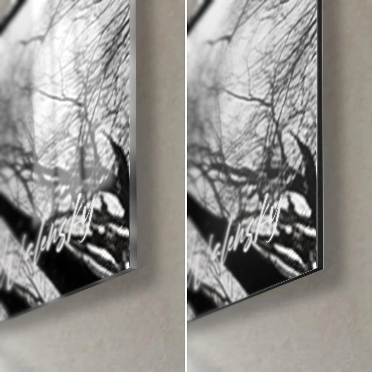 Tableau canopée hivernale en noir et blanc, coin bas droit : verre brillant à reflets, Dibond mat, tranche de 3 mm