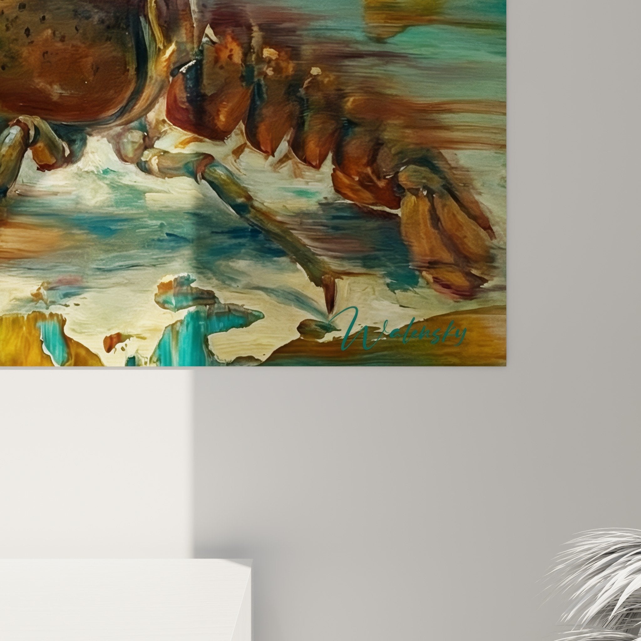 Gesamtansicht Hummer-Kunstwerk Aquatic Wohnzimmer marine Dekoration Türkis moderner Innenraum Integration