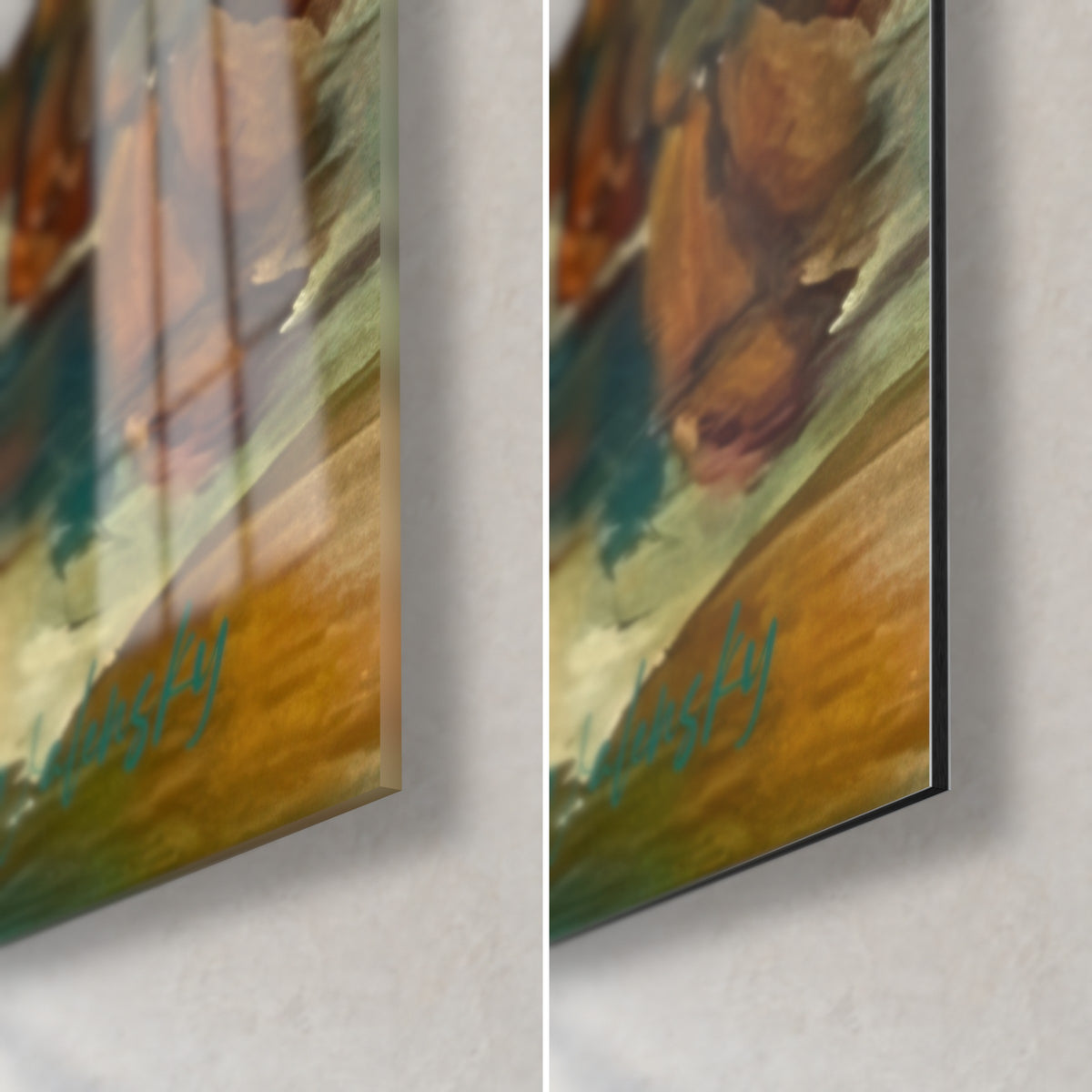 Quadro aragosta bruna ramata e acqua turchese, angolo in basso a destra: vetro acrilico lucido con riflessi, alluminio Dibond opaco, spessore 3 mm