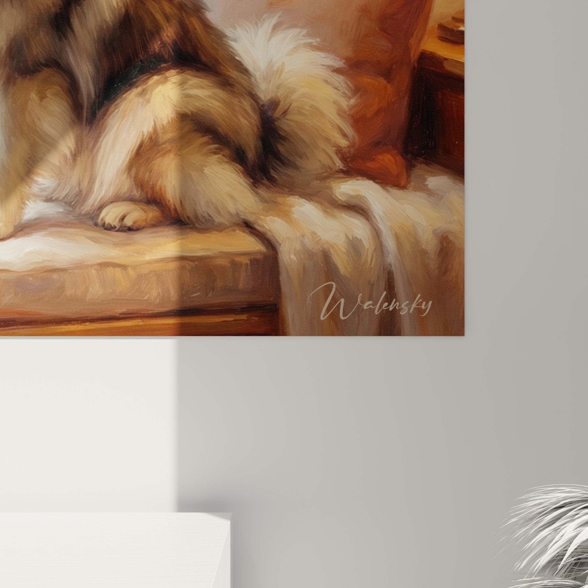Vue ensemble tableau Keeshond hiver - scene contemplative fenetre enneigee - decoration interieure chaleureuse
