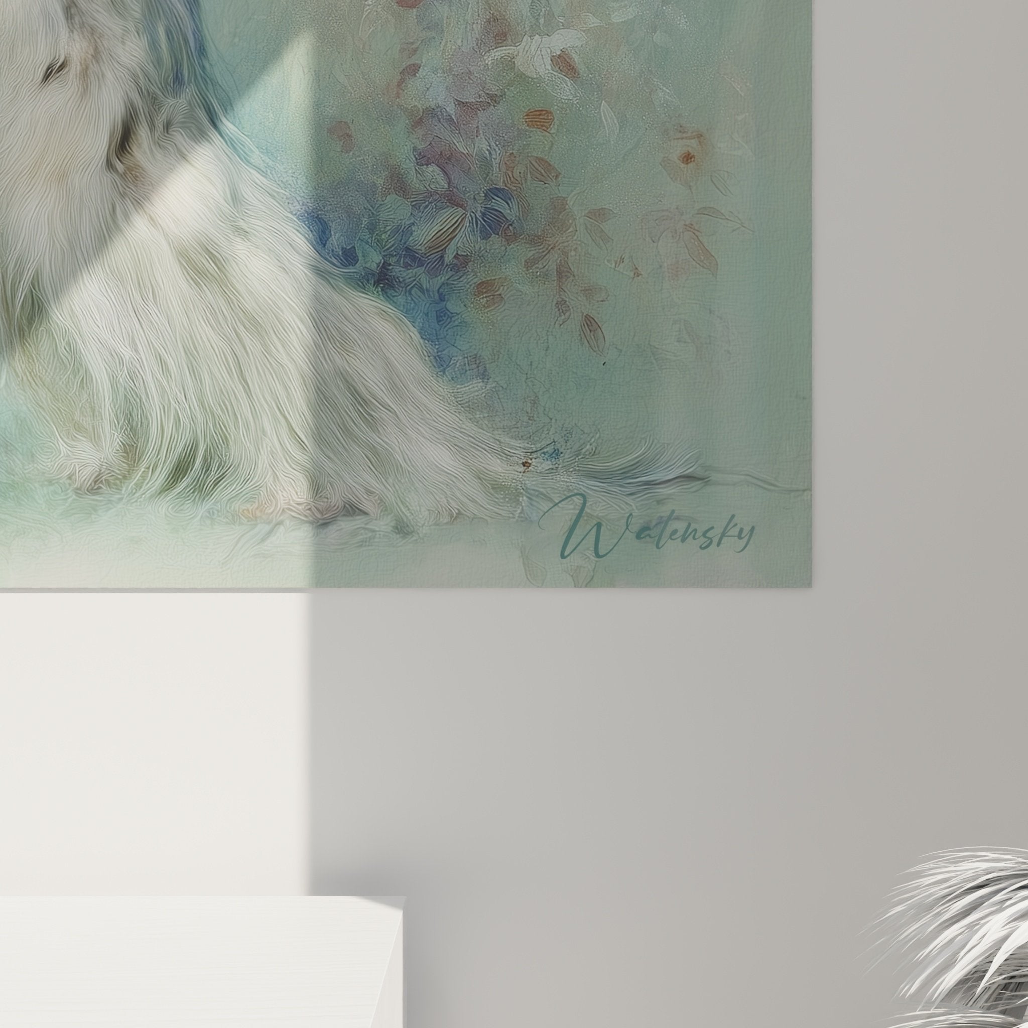 Vue d'ensemble tableau lévrier afghan dans décor fleuri, palette chromatique vert d'eau et tons poudrés