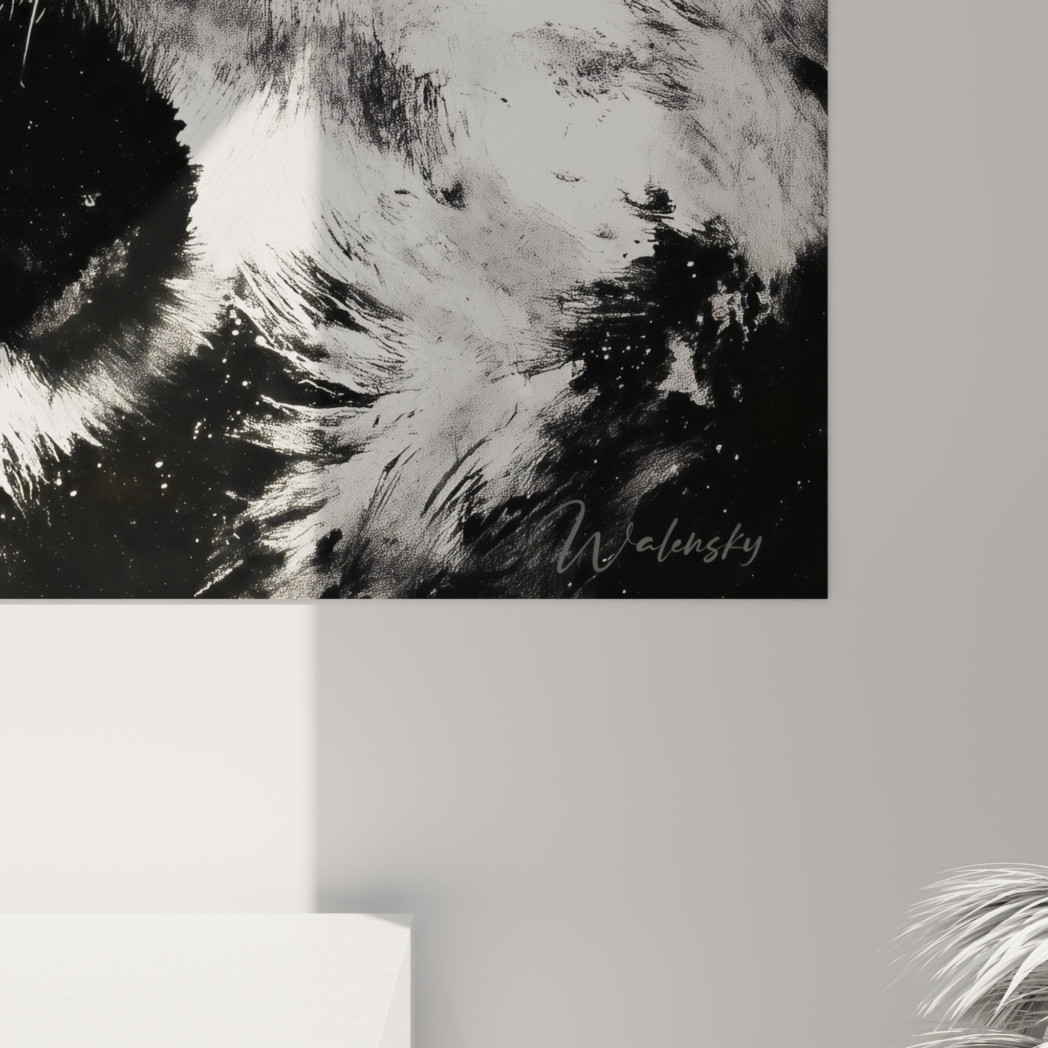 Overall view of graphic black and white lion wall art in contemporary living room decoration