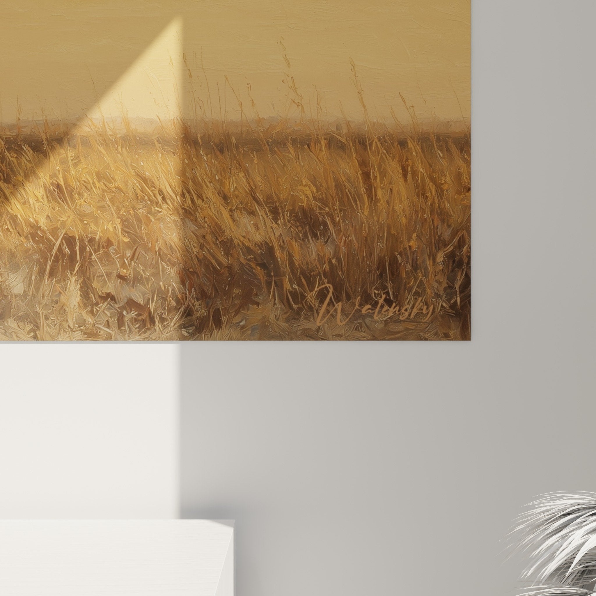 Vue ensemble tableau lion savane salon décoration murale tons chauds ambiance naturelle