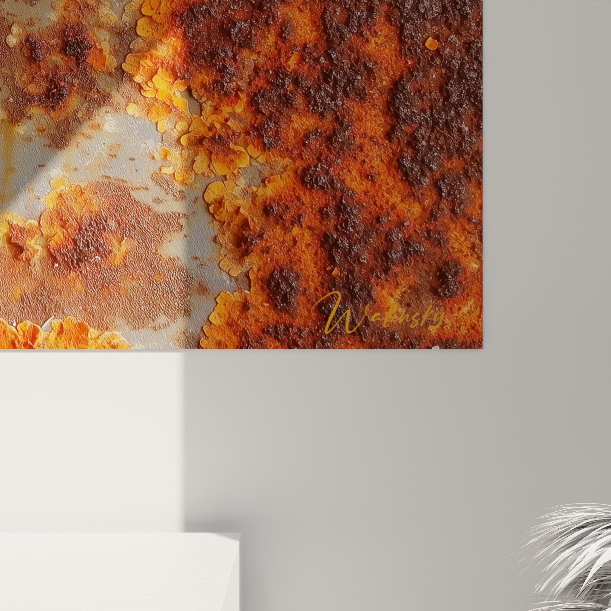 Complete view of rusty orange metal wall art interior decoration feng shui south fire modern industrial style