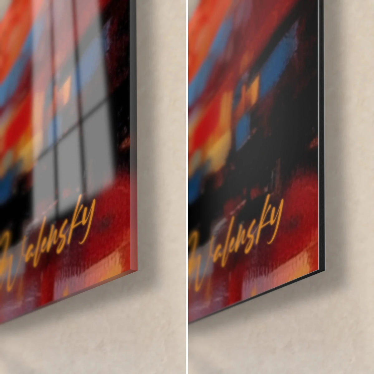 Gemälde kosmische Kreatur in Rot und Blau, untere rechte Ecke mit goldener Signatur, links glänzendes Acrylglas, rechts matt Alu-Dibond