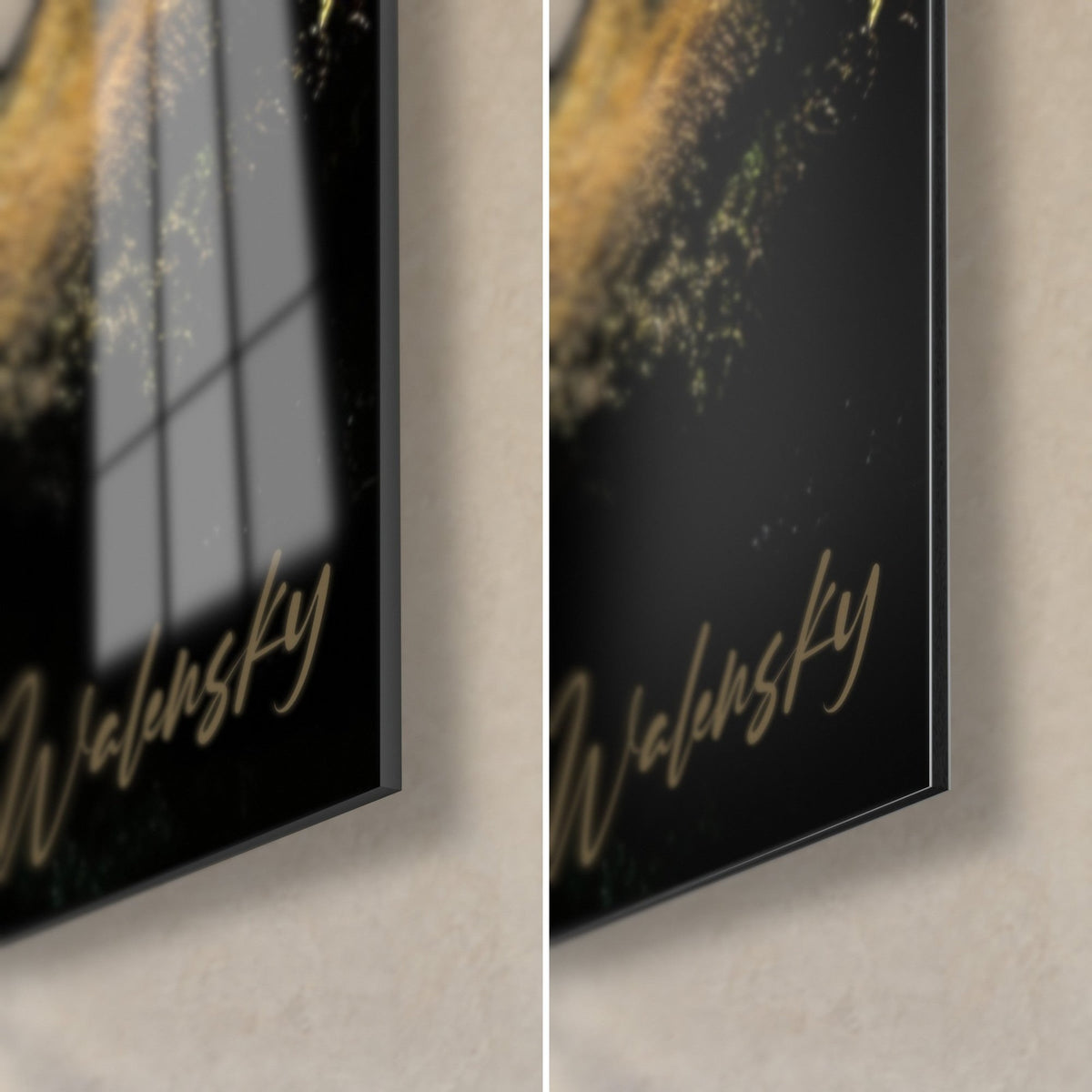 Tableau sous-bois traversé d'un ruisseau, coin bas droit à gauche en verre acrylique brillant aux reflets, à droite en alu Dibond mat, tranche noire de 3 mm