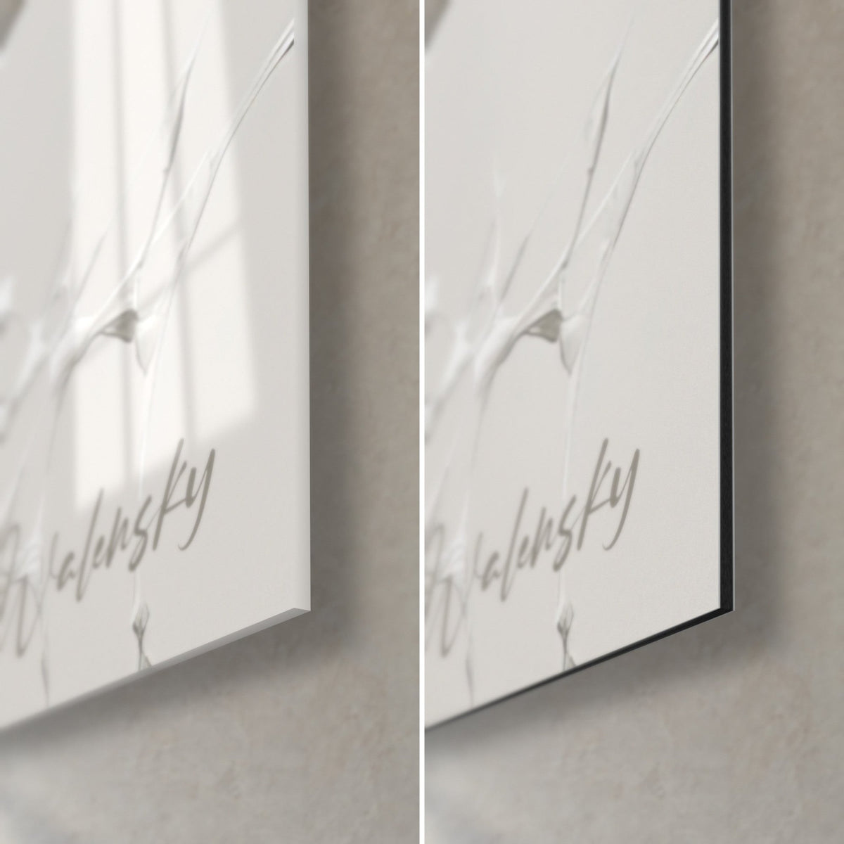 Tableau buste blanc qui se disloque en toile organique, coin bas droit, signature Walensky noire, verre brillant à gauche, Dibond mat à droite, tranche 3 mm