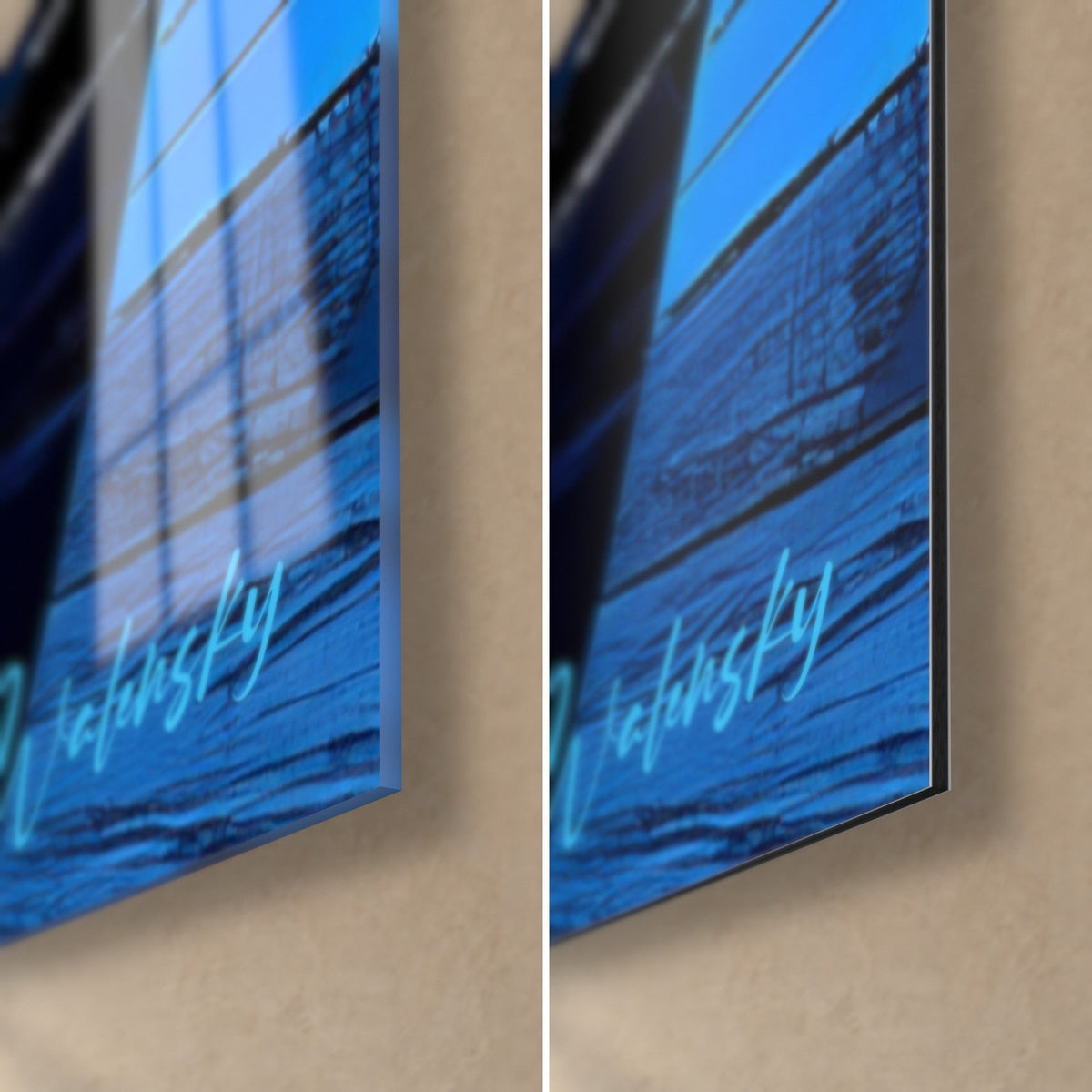 Wall art with a blue and gold ocean spiral, bottom right corner: glossy acrylic glass on the left, matte Dibond on the right, 3 mm edge