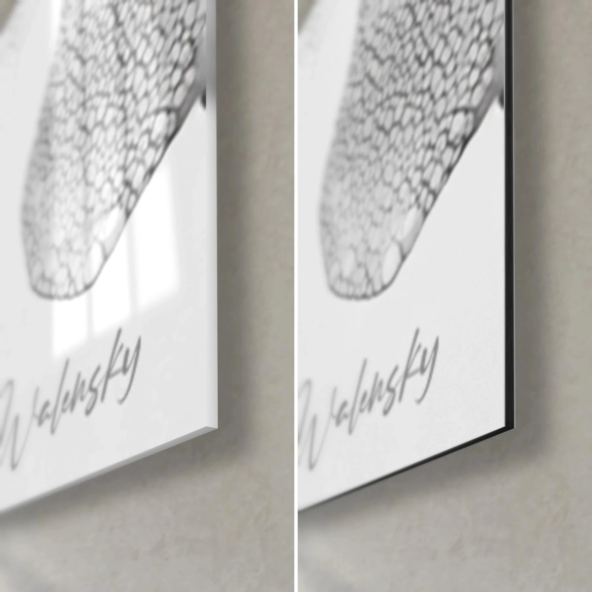 Wall art with grey honeycomb cells, bottom right corner Walensky signature, glossy glass on the left, matte white Dibond on the right, 3 mm edge