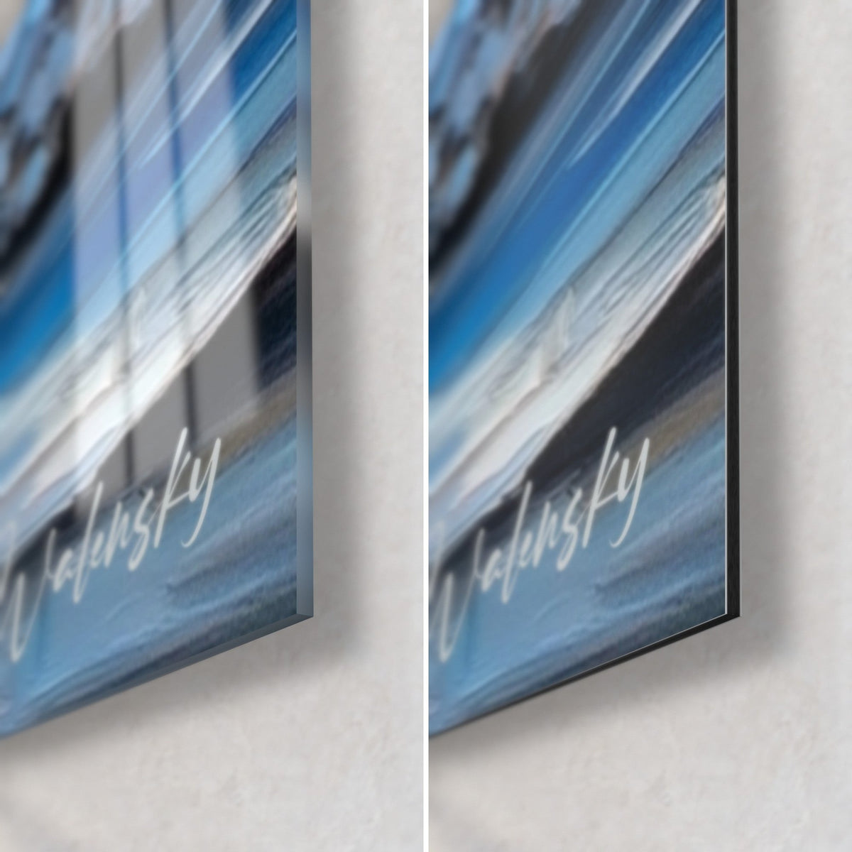 Wall art Icelandic cliff with blue and white brushstrokes, bottom right corner, glass reflections and matte Dibond