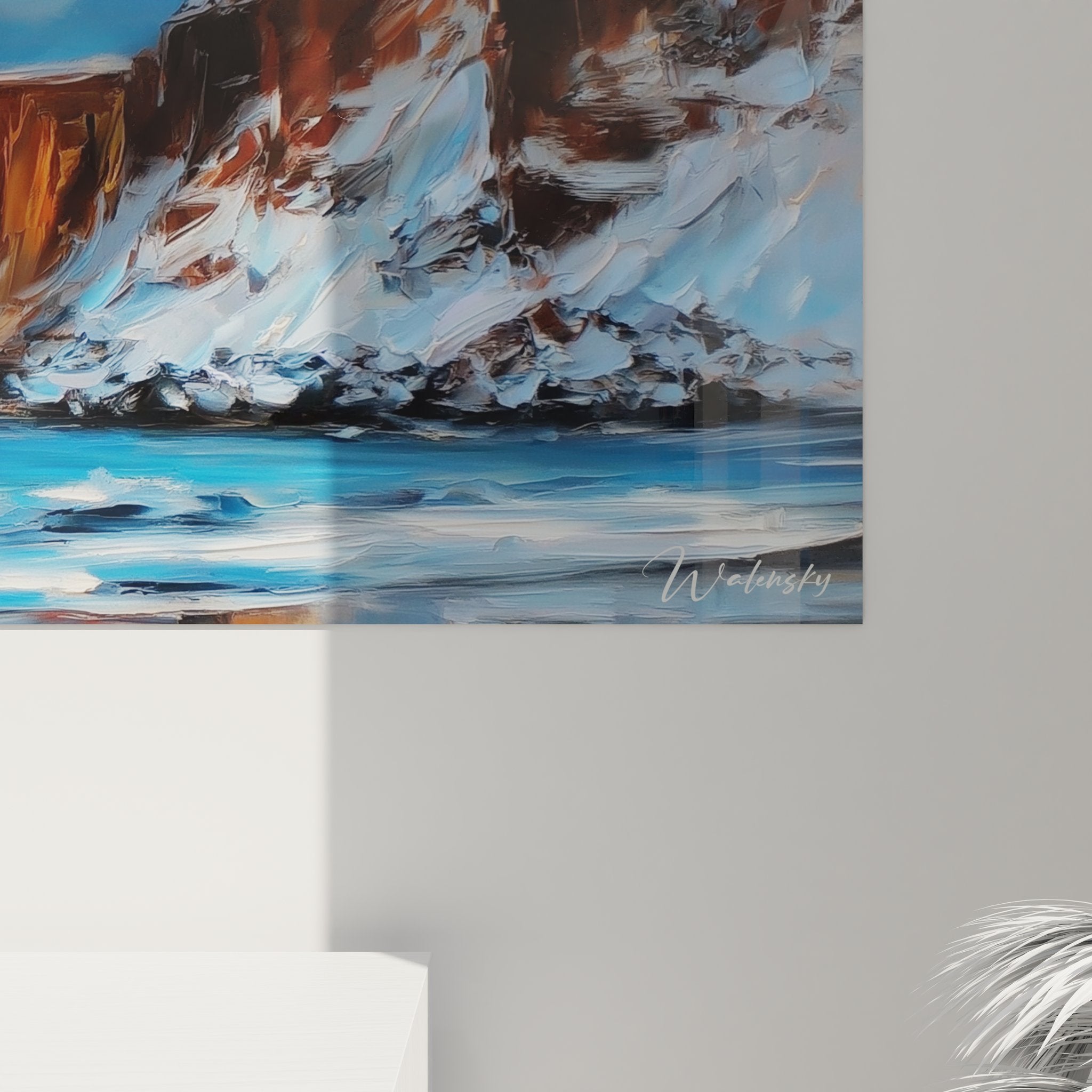 Vue ensemble tableau panoramique paysage côtier Islande falaises Reynisdrangar décoration intérieur moderne