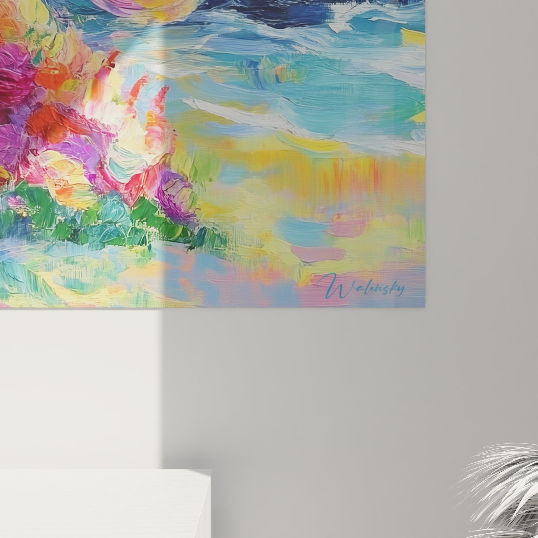 Vue ensemble tableau mural spirale marine, art abstrait coloré vague spiralée paysage côtier décoratif