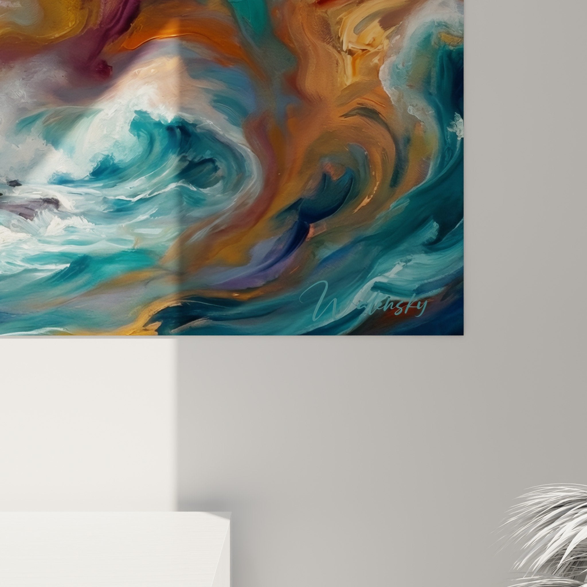 Gesamtansicht des Bali-Tempels-Kunstwerks - spirituelles Werk mit dramatischen Farben in zeitgenössischer Dekoration integriert