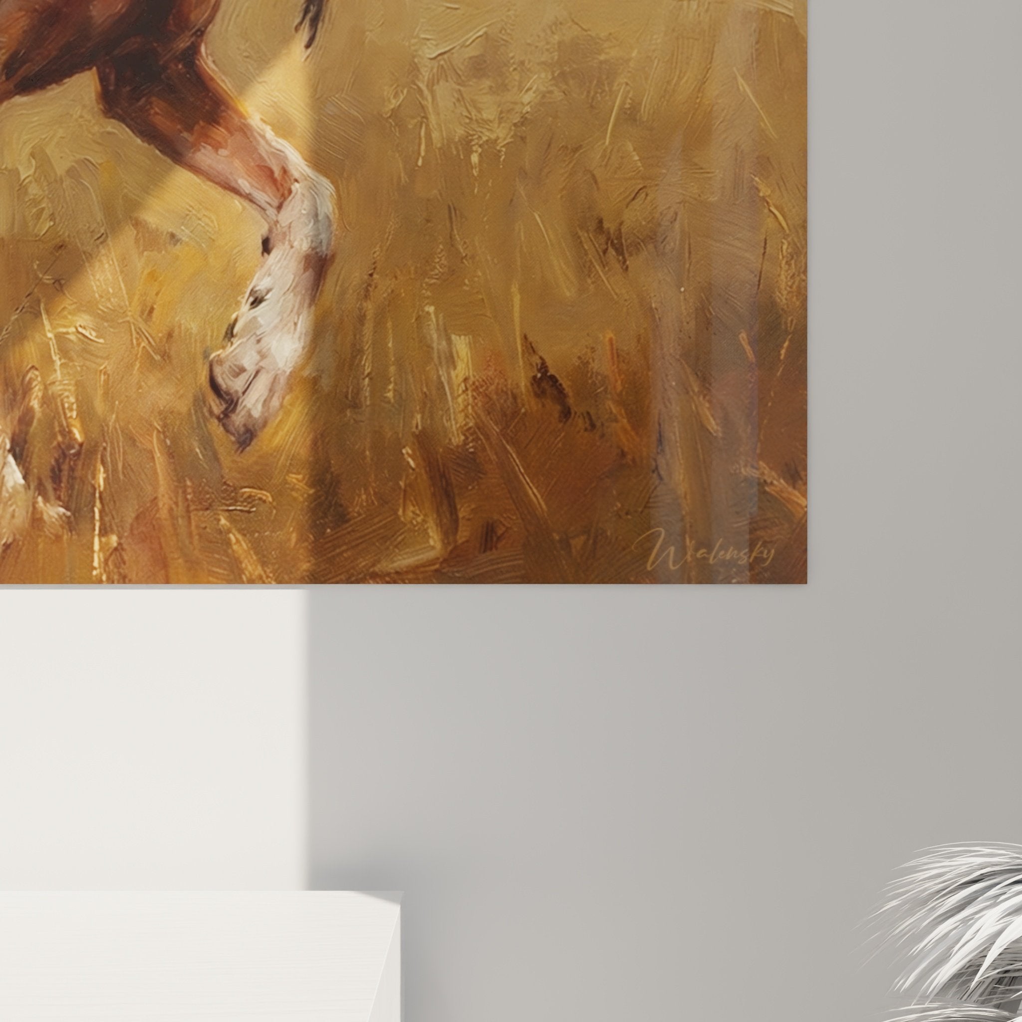 Gesamtansicht Gemälde Jagdhund Vizsla Wiese goldene Gräser orange Himmel Sonnenuntergang Natur