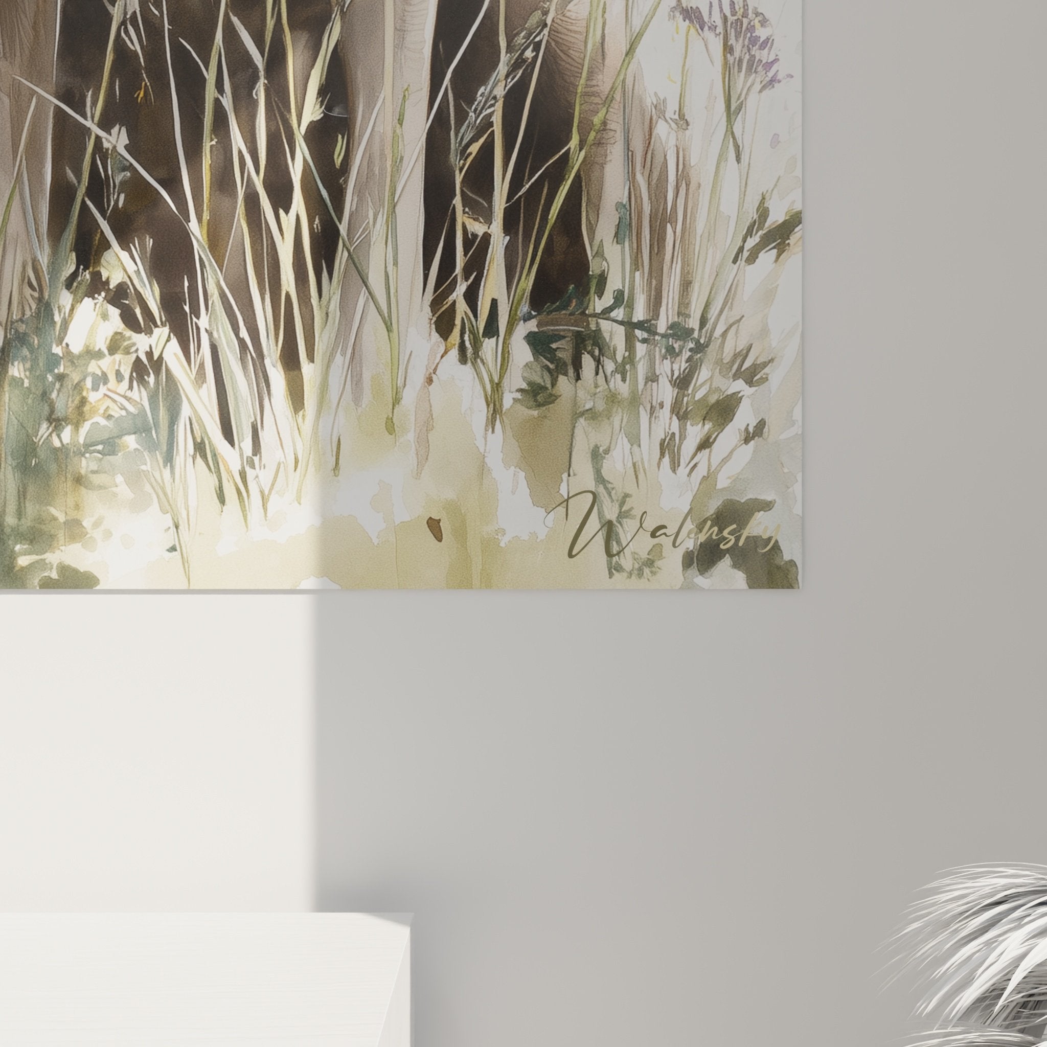 Vue ensemble tableau weimaraner majestueux fleurs sauvages décoration murale style contemplatif naturel