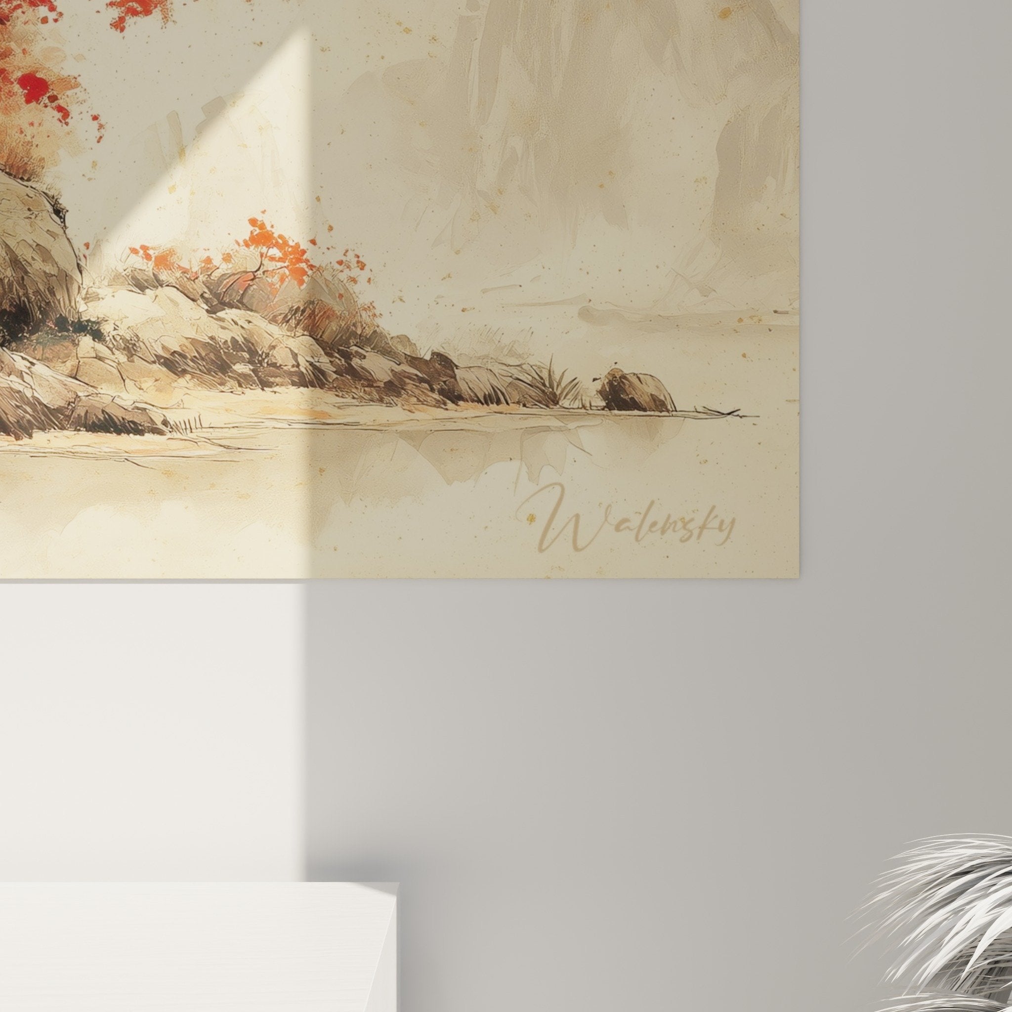 Vue ensemble tableau temple asiatique salon decoration orientale tons rouge dore beige harmonie