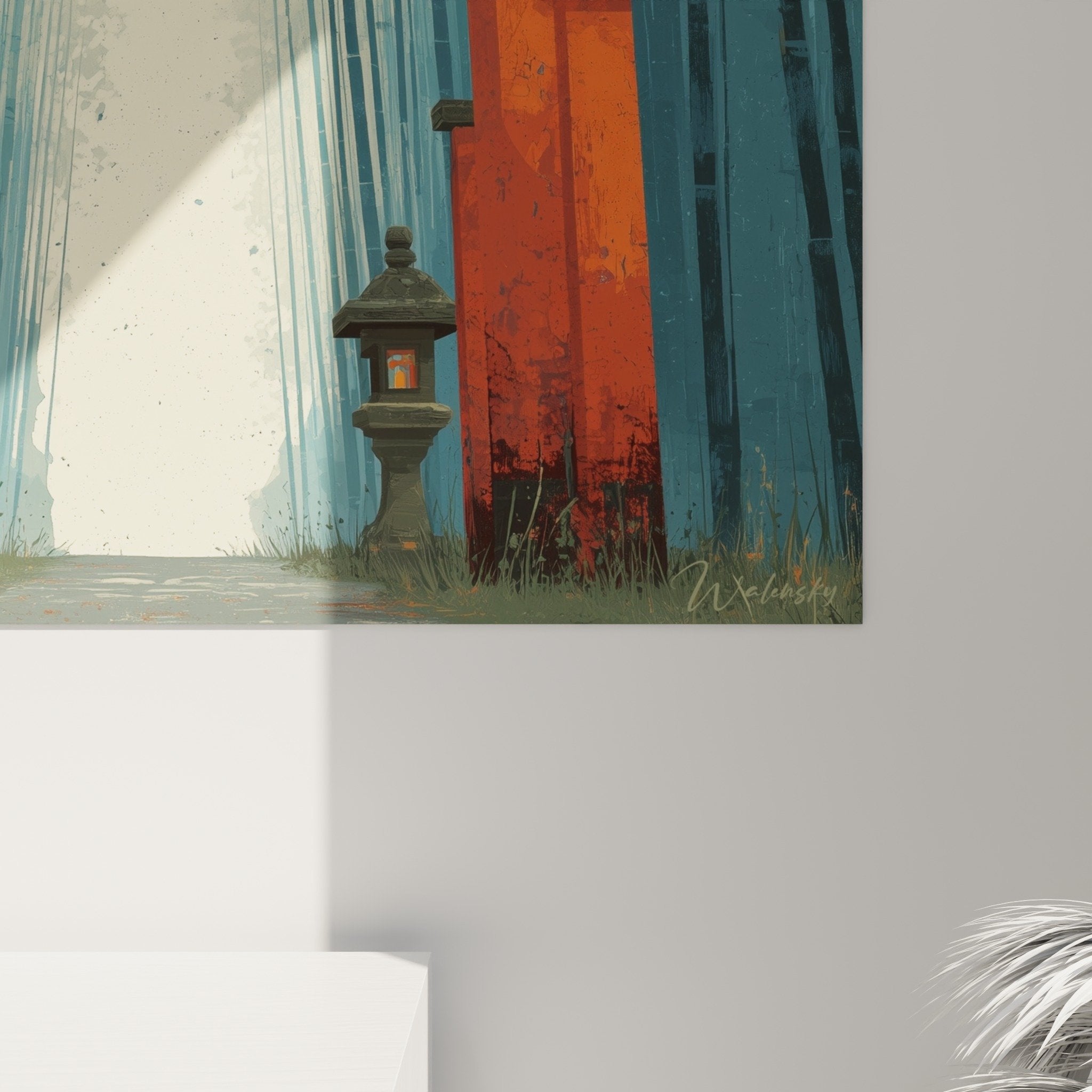 Vue ensemble torii rouge bambouseraie bleue tableau art japonais décoration murale