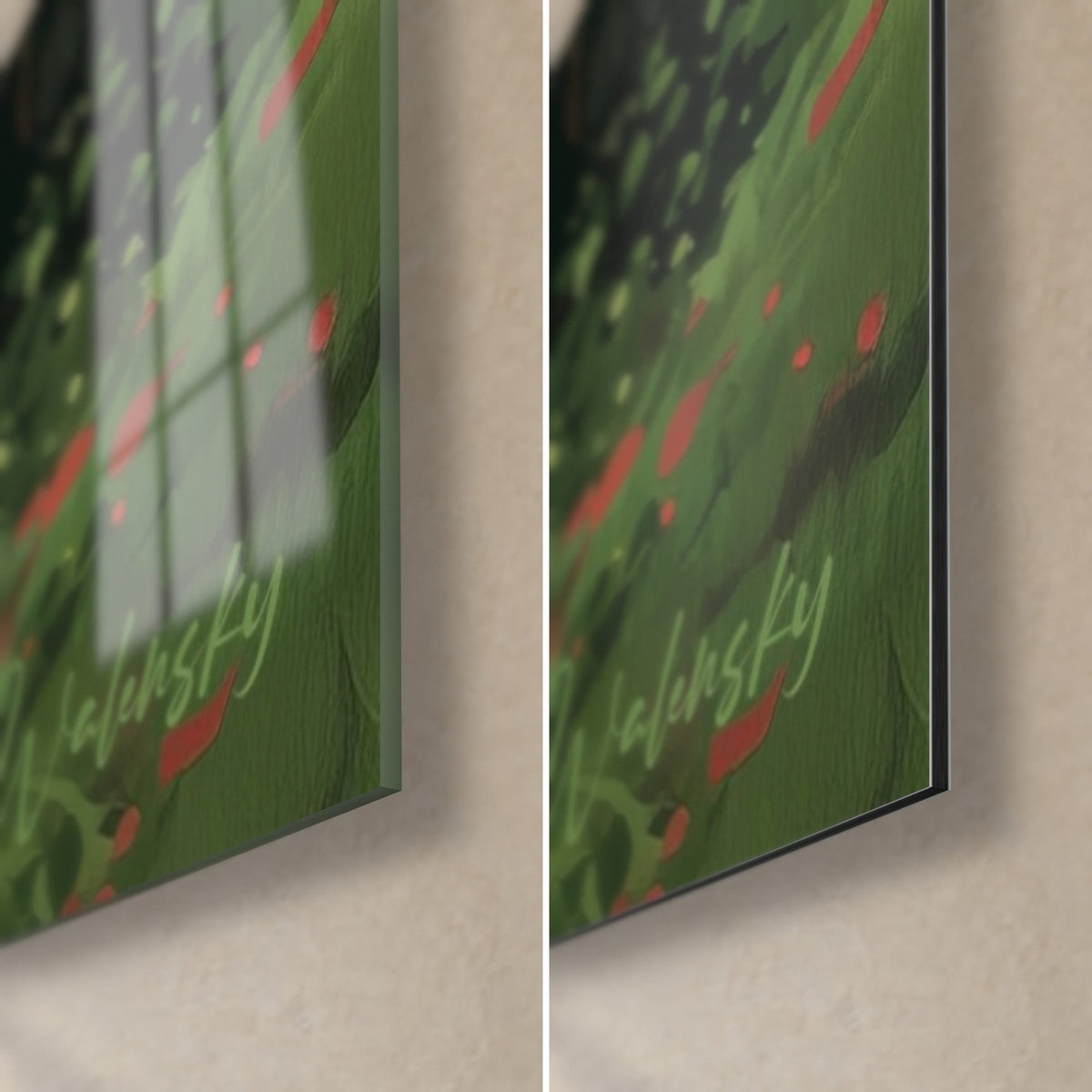 Wall art of a vermilion torii in the mist, bottom right corner: glossy acrylic glass with reflections and matte Dibond aluminium, 3 mm edge