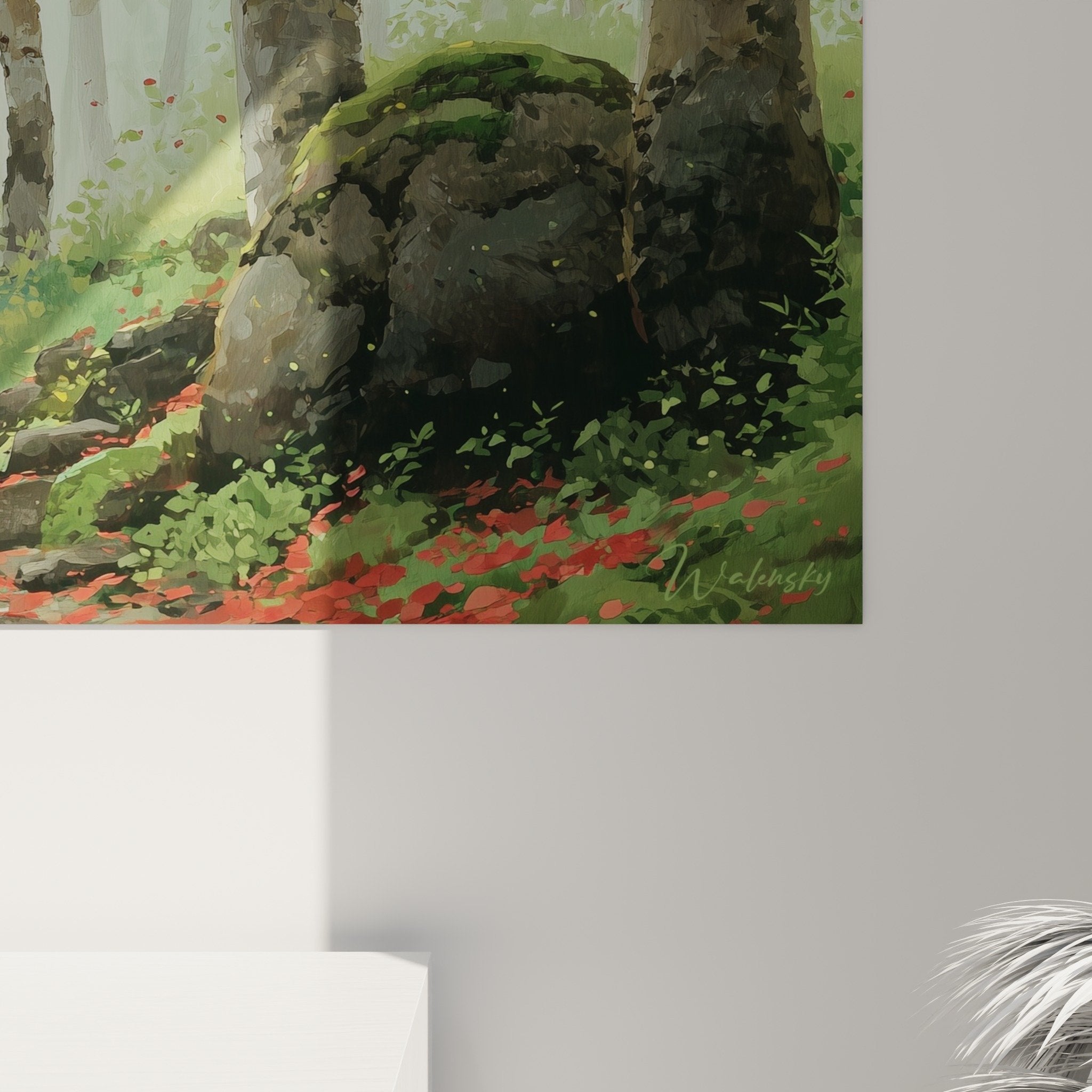 torii gate mystical forest wall art zen decor red green white spiritual atmosphere