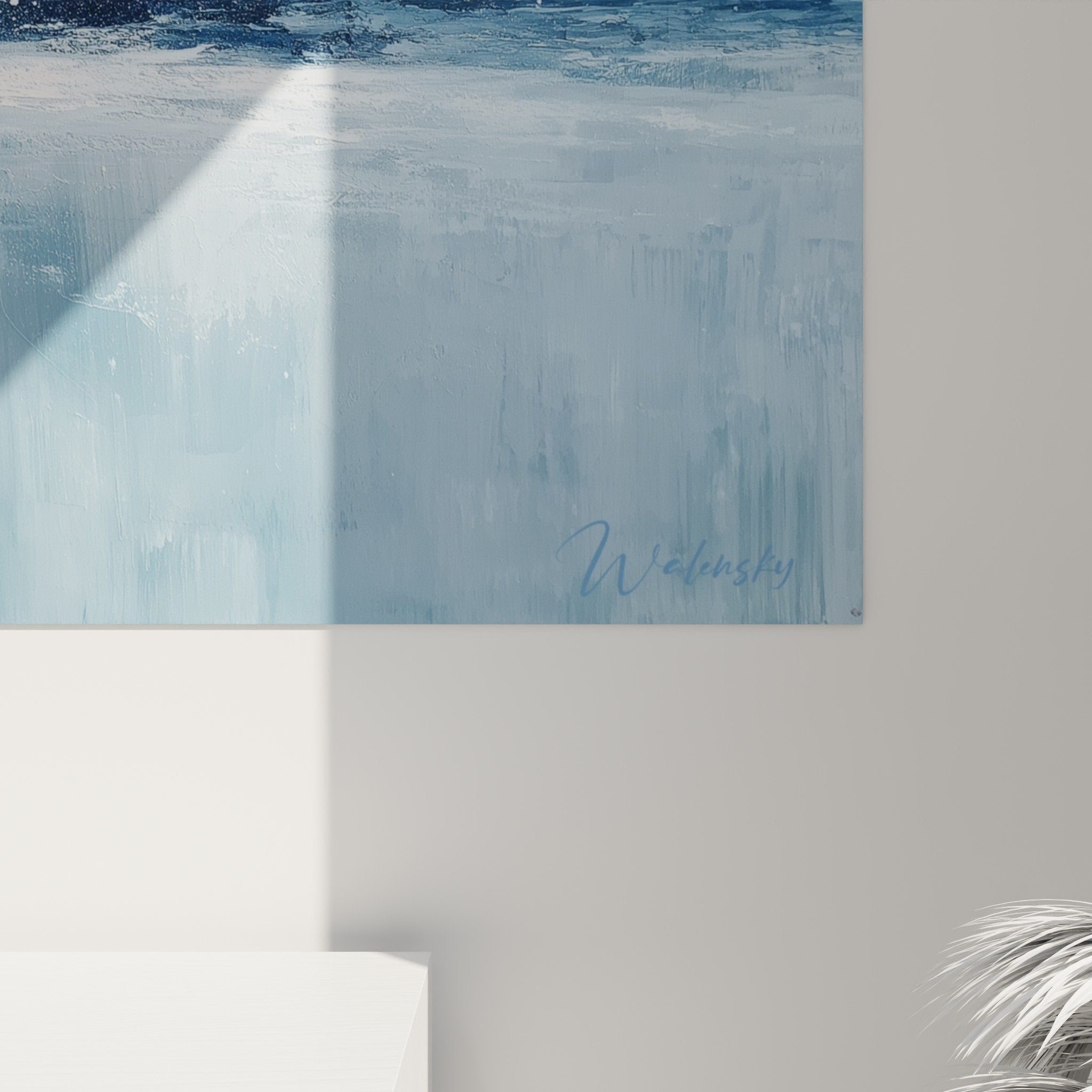 Overall view of blue ocean wave artwork feng shui west metal on white wall modern interior decoration