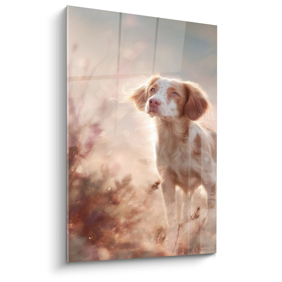 Schilderij van een Bretonse Spaniel met een Contemplatieve Blik in Goudkleurig Licht - Helder Portret - Editie Bretonse Spaniel